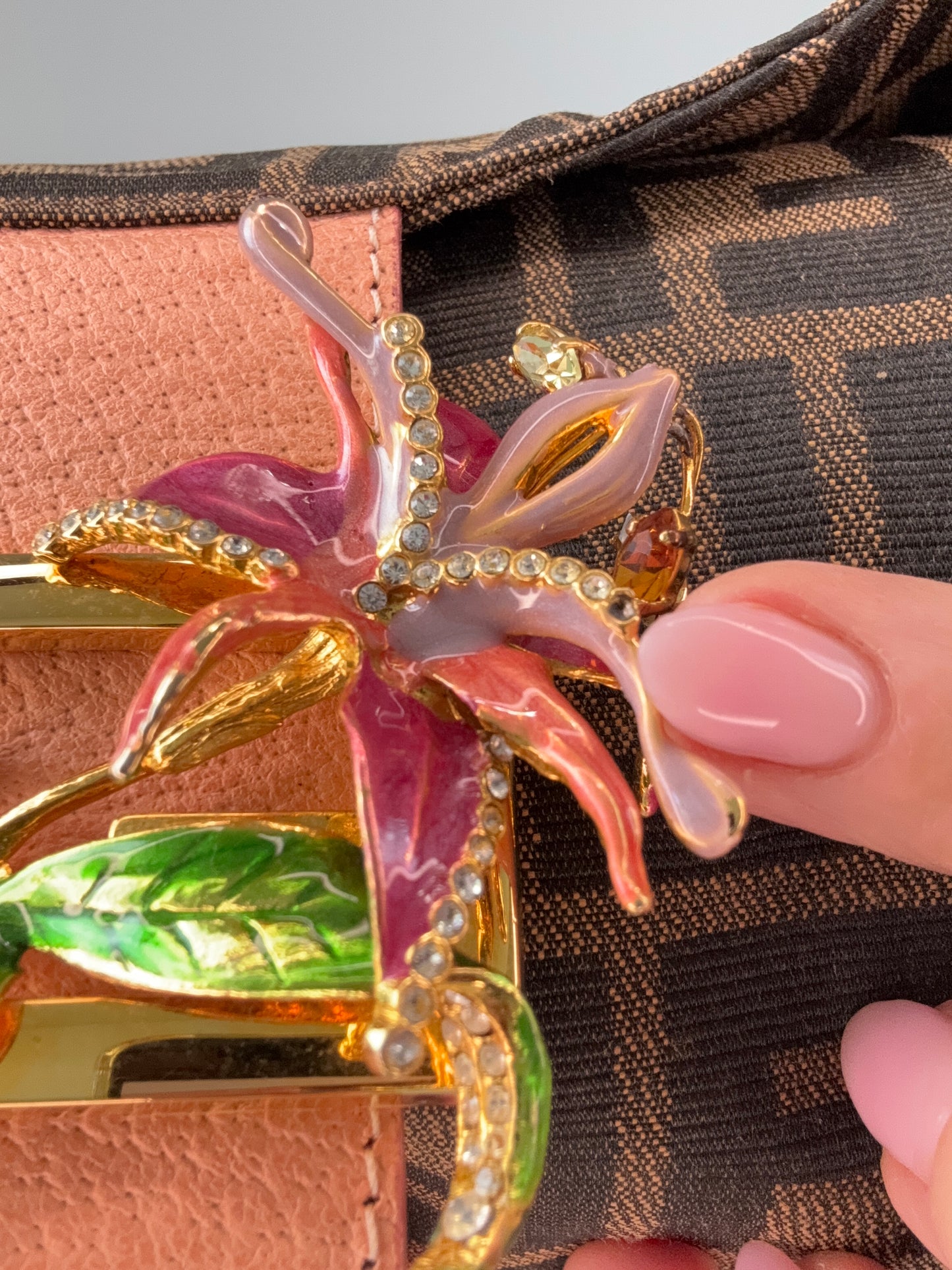 Fendi Zucca Crystal Enamel Floral Baguette missing crystal