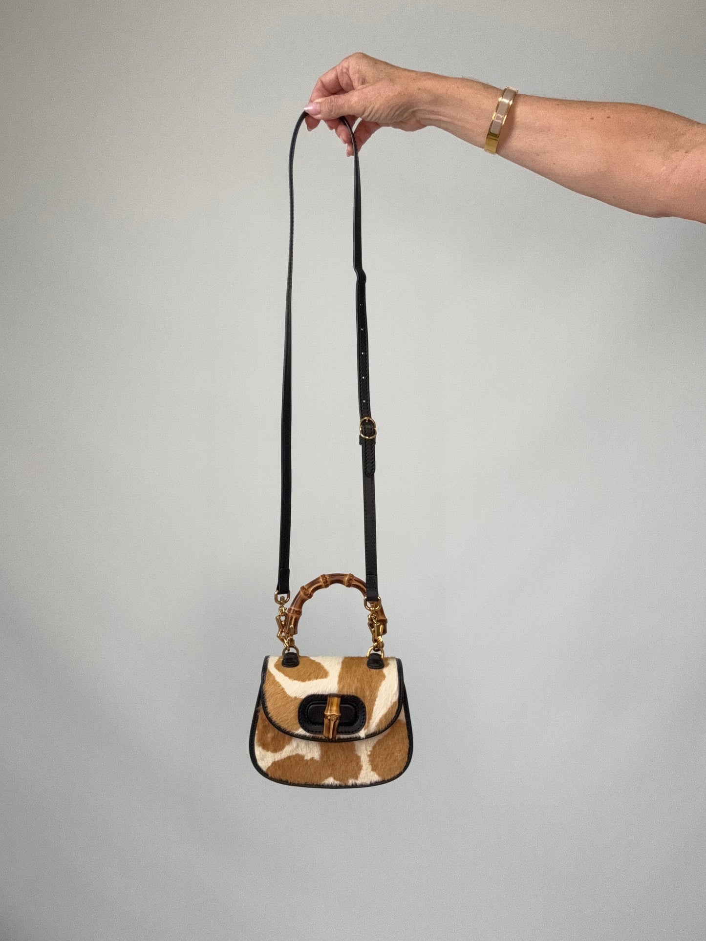 Gucci 1947 Bamboo Top Handle Mini Pony Hair Bag with shoulder strap