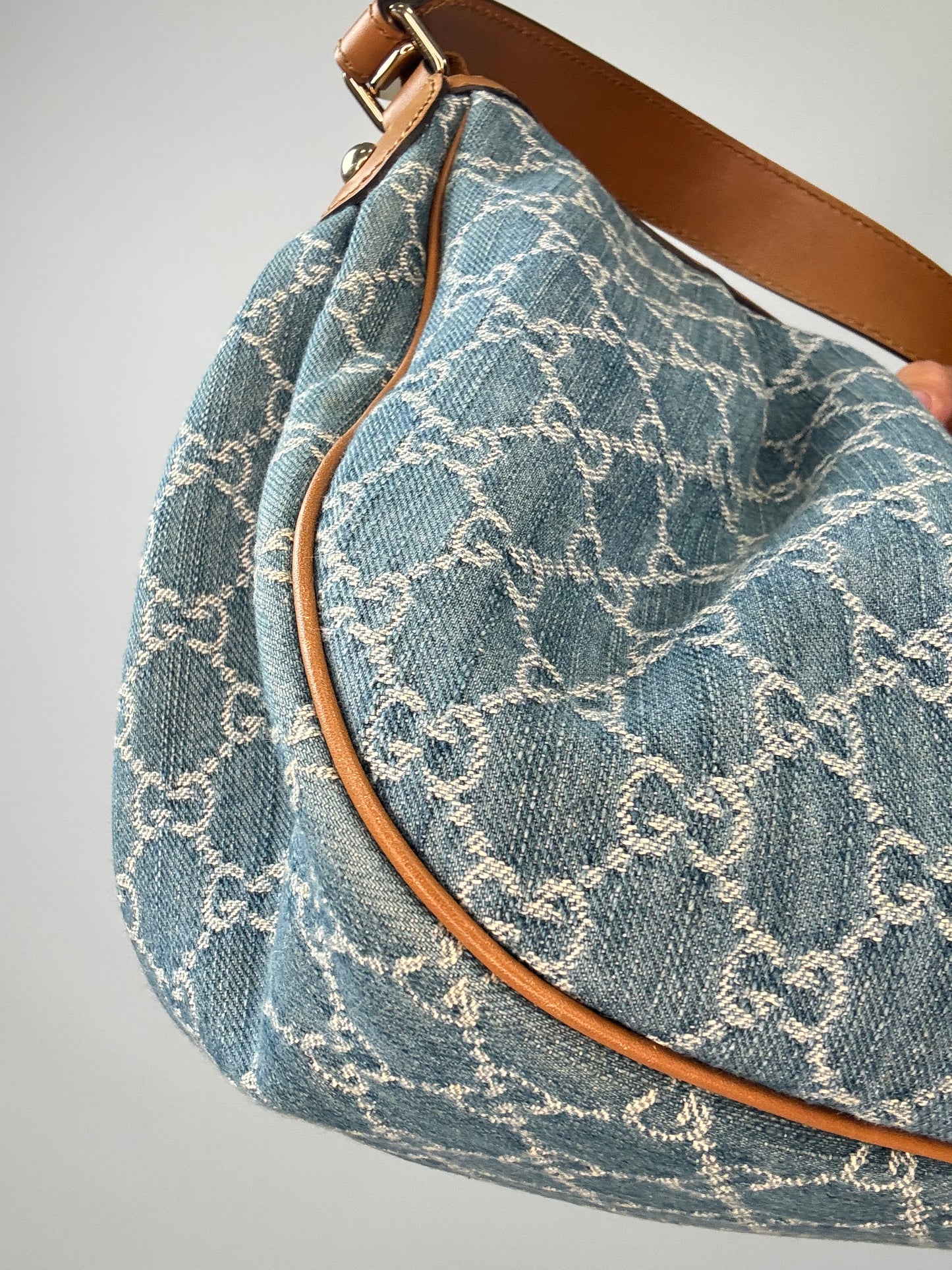 Gucci Blue GG Denim Medium Sukey Tote Bag back left bottom corner
