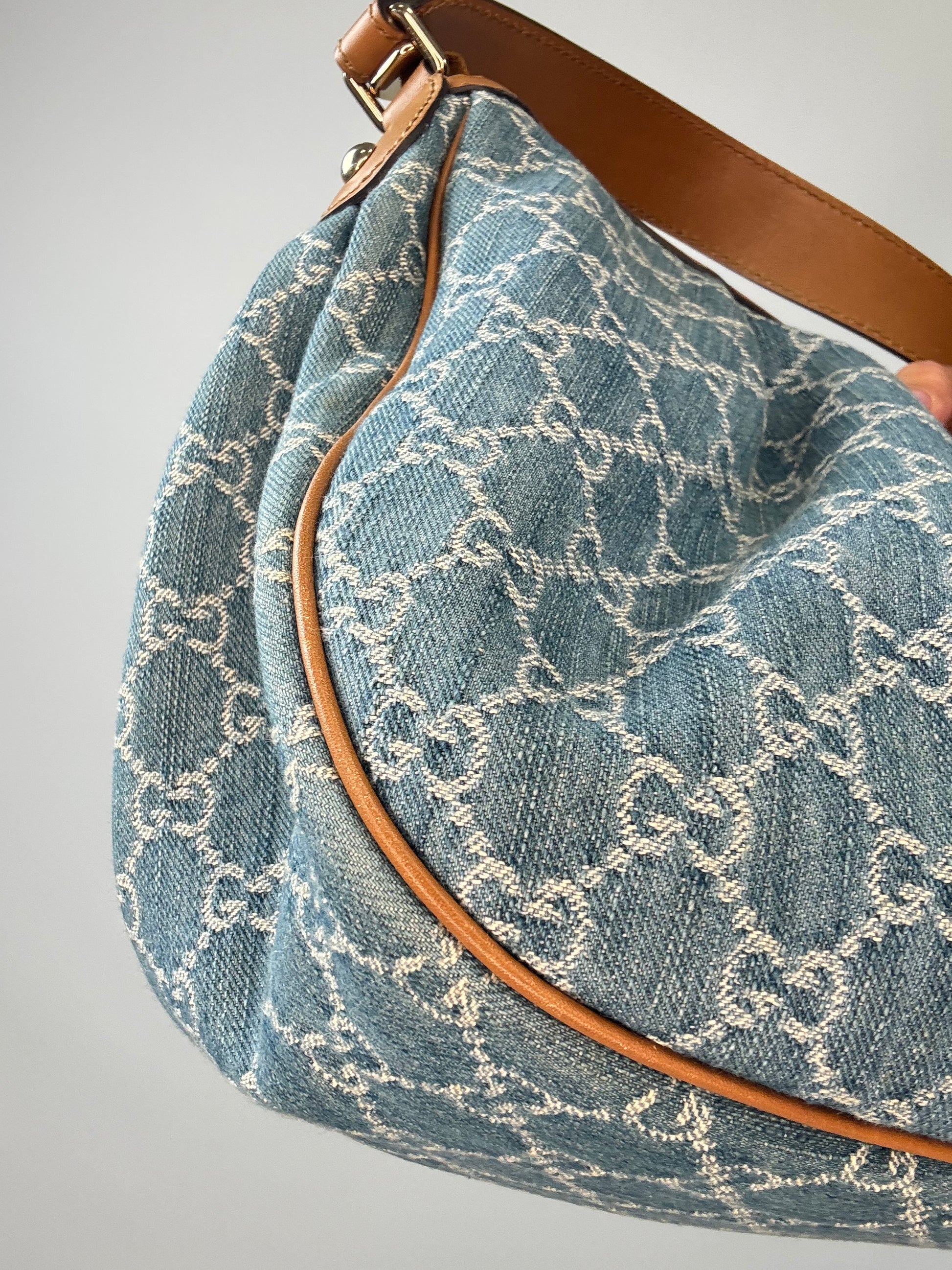 Gucci Blue GG Denim Medium Sukey Tote Bag back left bottom corner