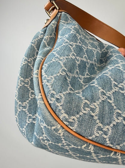 Gucci Blue GG Denim Medium Sukey Tote Bag back left bottom corner