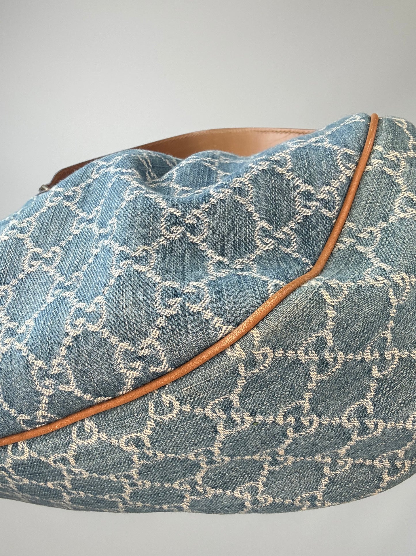 Gucci Blue GG Denim Medium Sukey Tote Bag back right bottom corner