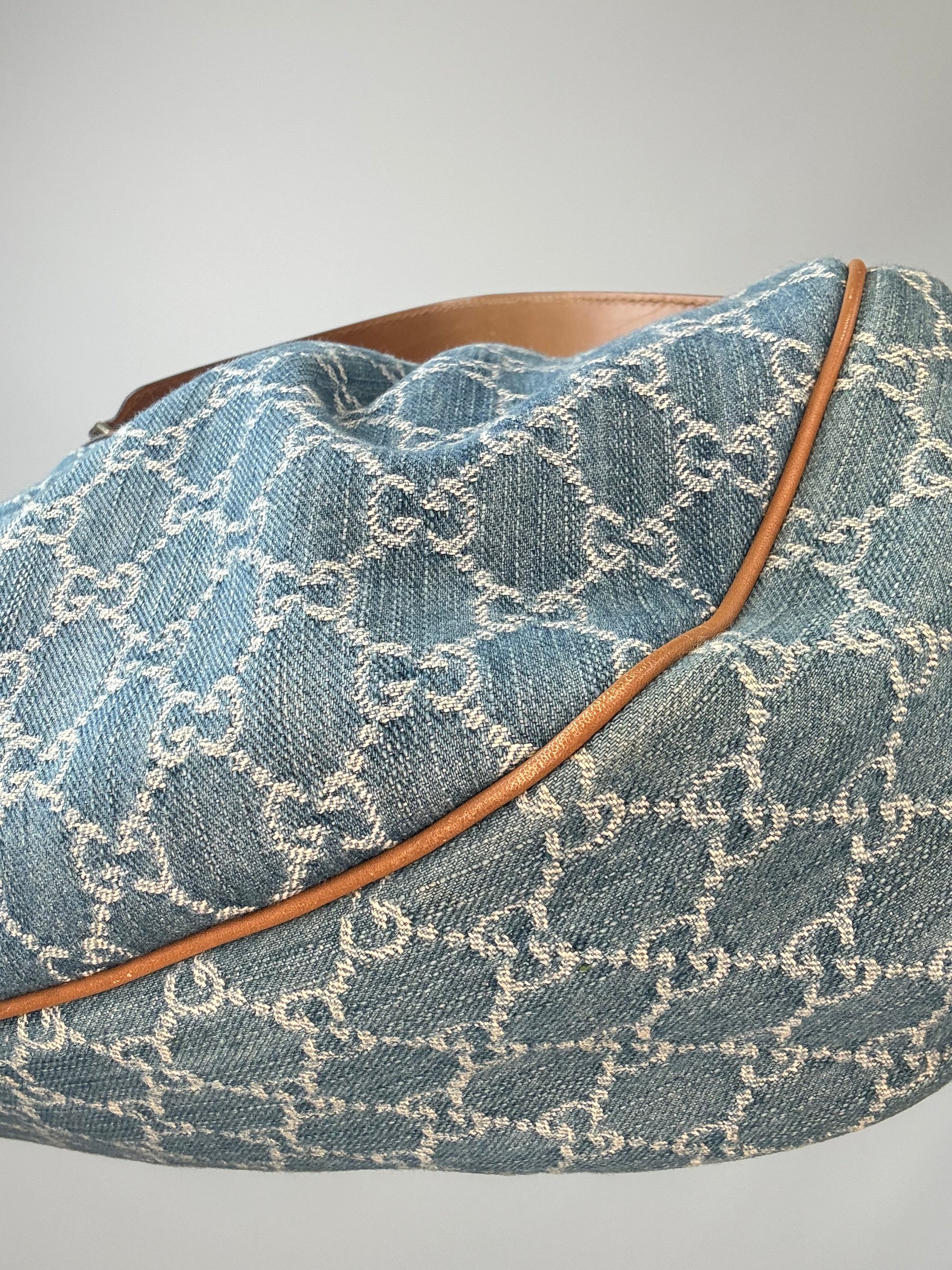 Gucci Blue GG Denim Medium Sukey Tote Bag back right bottom corner