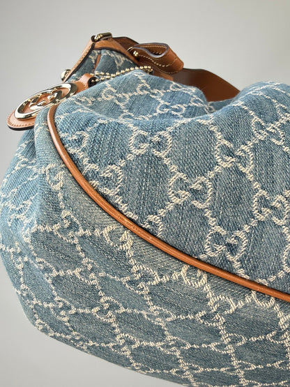 Gucci Blue GG Denim Medium Sukey Tote Bag front left bottom corner