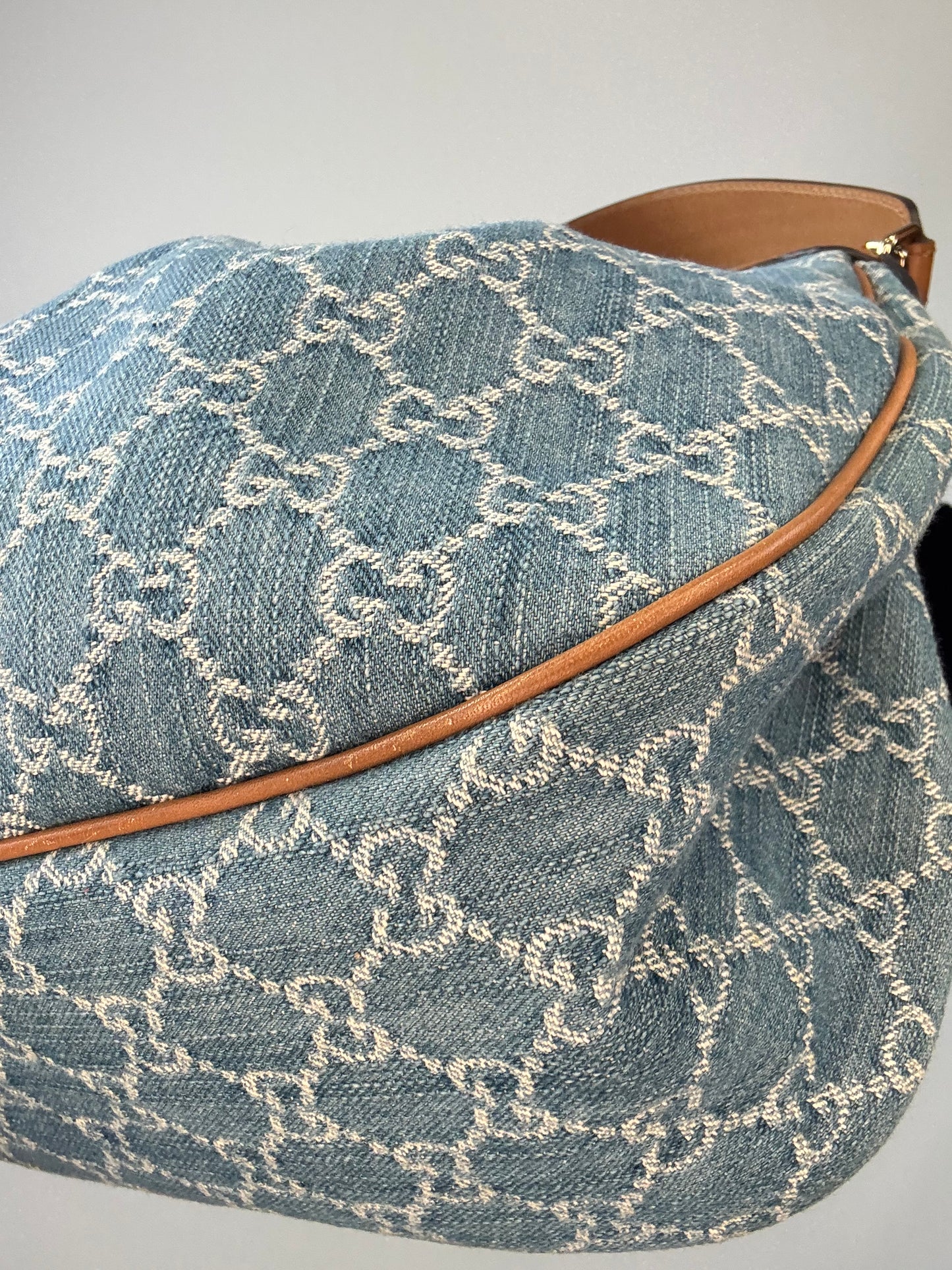 Gucci Blue GG Denim Medium Sukey Tote Bag front right bottom corner