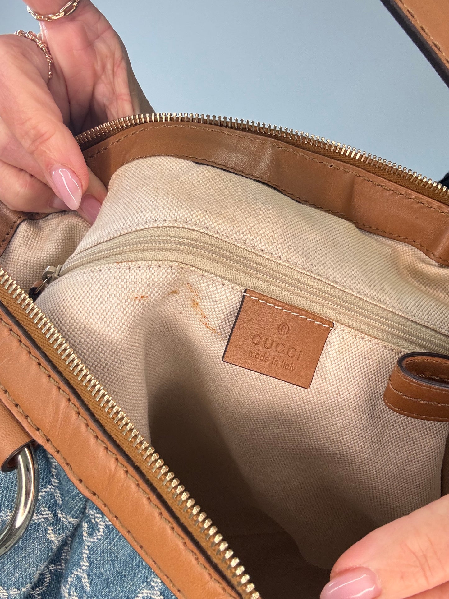 Gucci Blue GG Denim Medium Sukey Tote Bag interior logo