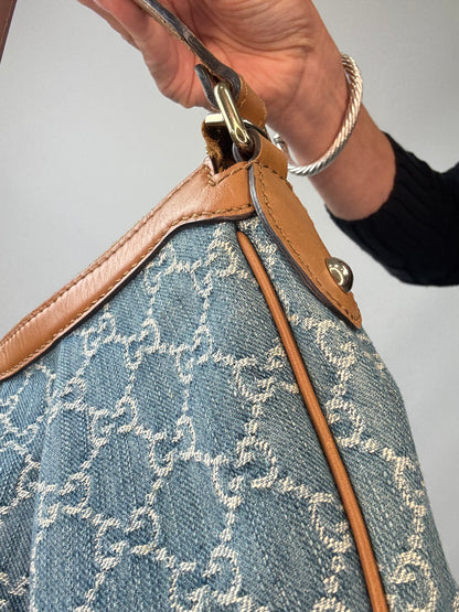 Gucci Blue GG Denim Medium Sukey Tote Bag leather on right side