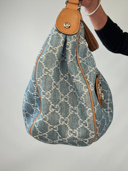 Gucci Blue GG Denim Medium Sukey Tote Bag left side
