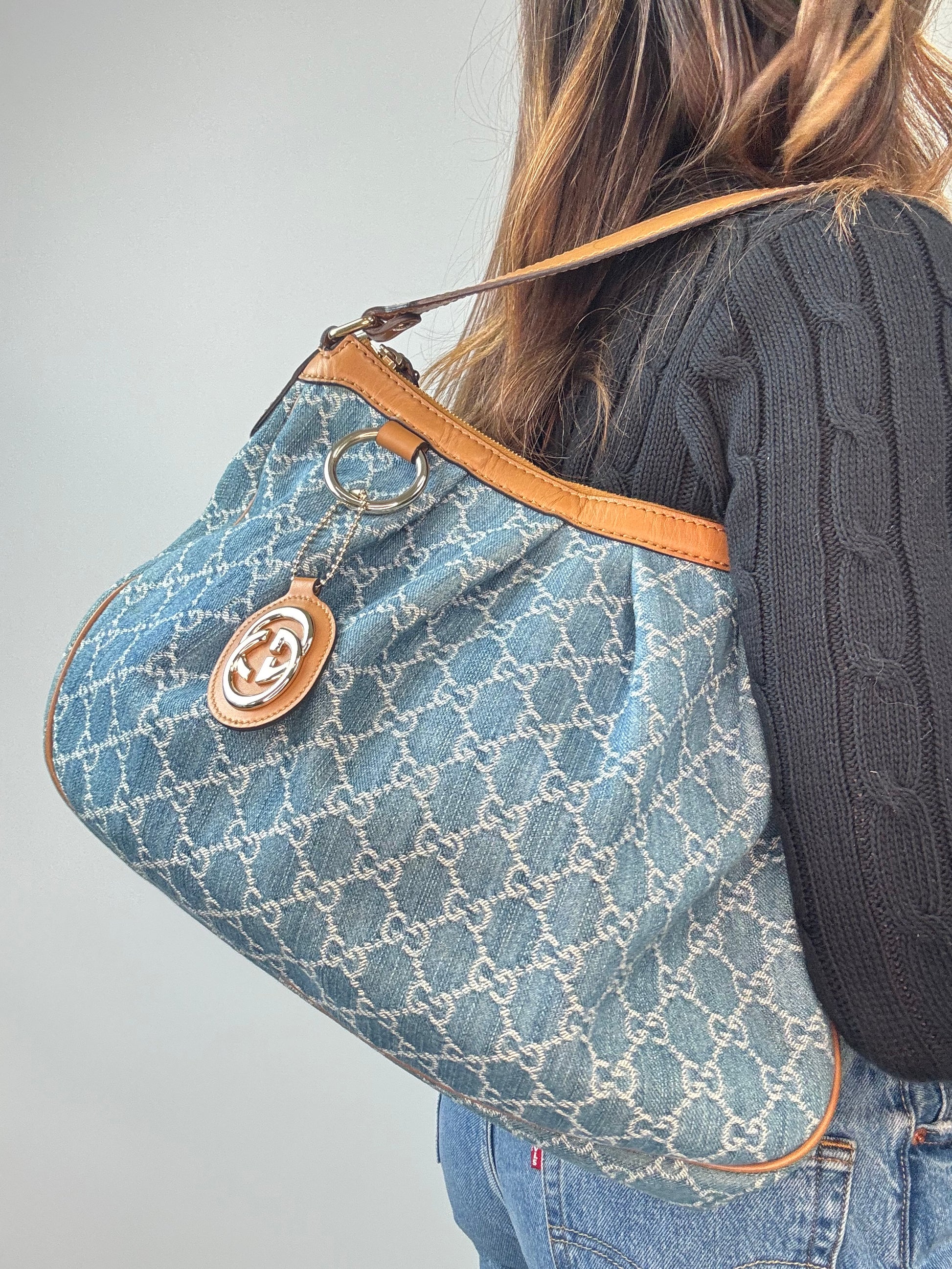 Gucci Blue GG Denim Medium Sukey Tote Bag modeled