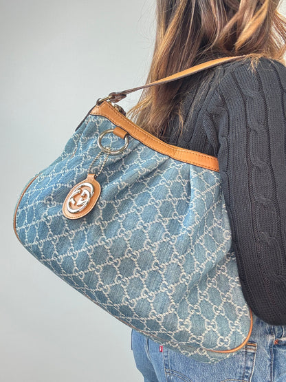 Gucci Blue GG Denim Medium Sukey Tote Bag modeled