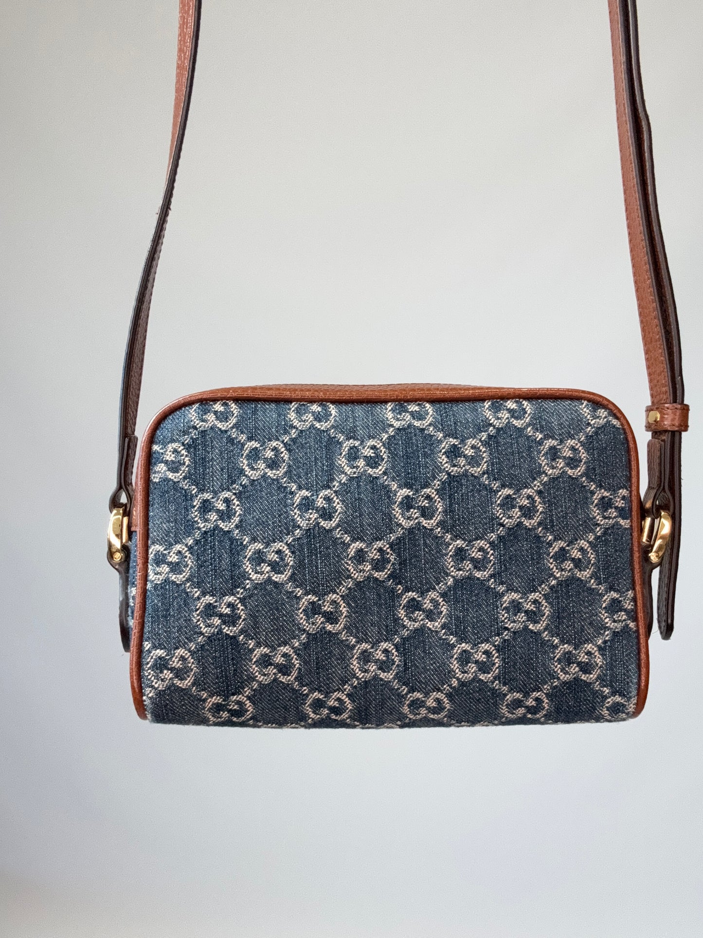 Gucci Denim Monogram Mini Crossbody back of handbag