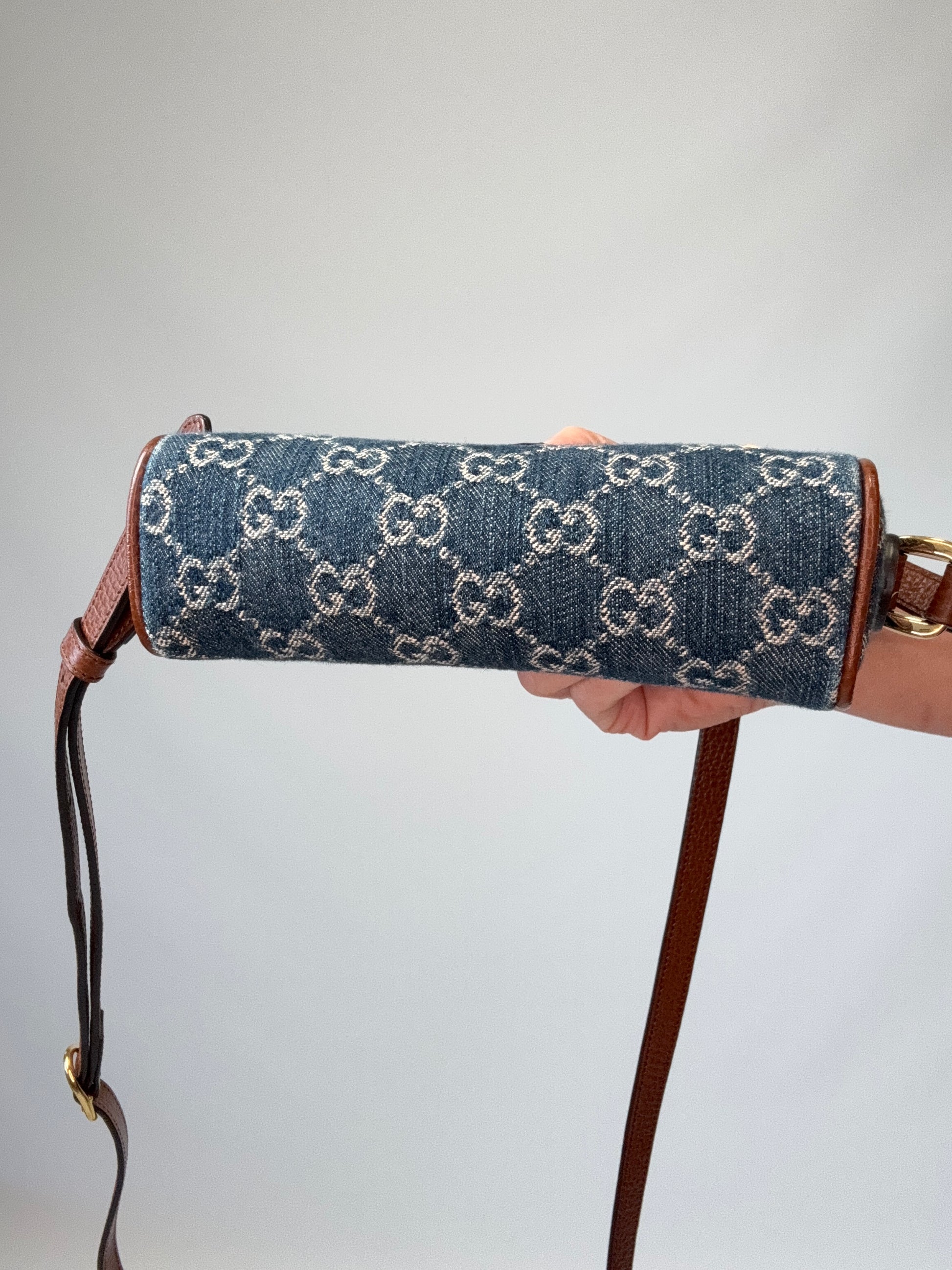Gucci Denim Monogram Mini Crossbody bottom of handbag