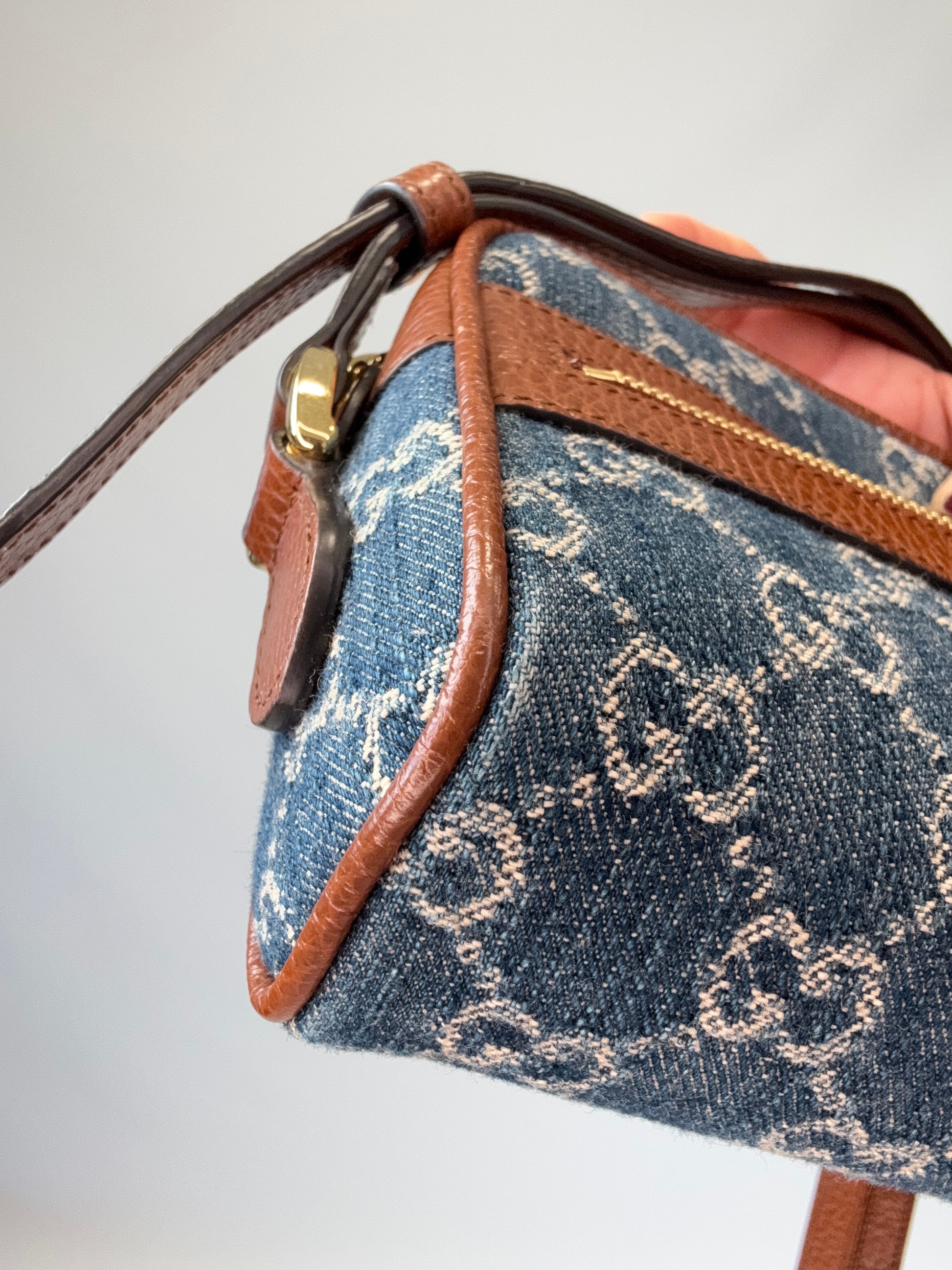 Gucci Denim Monogram Mini Crossbody front left bottom corner