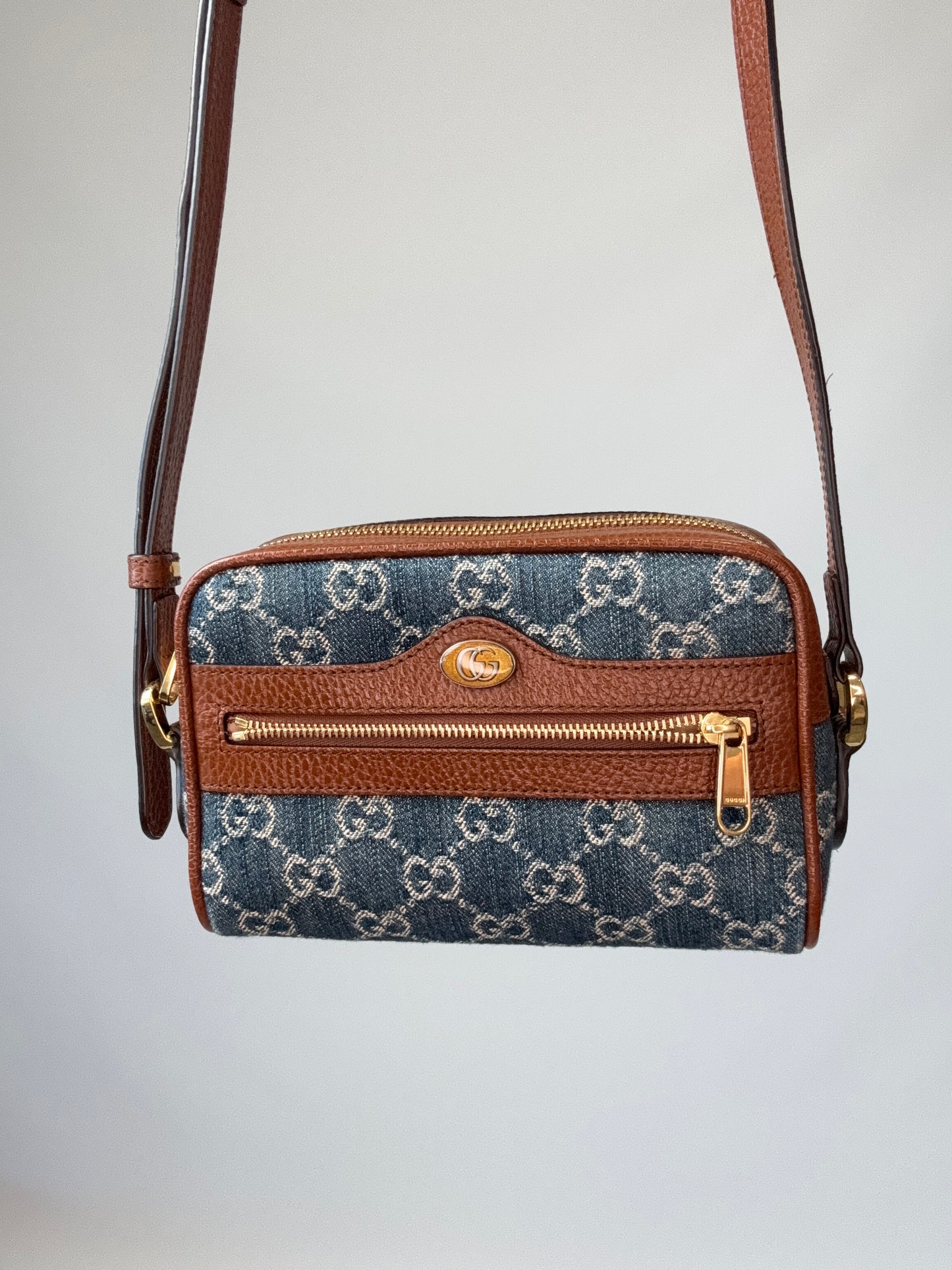 Gucci Denim Monogram Mini Crossbody front of handbag