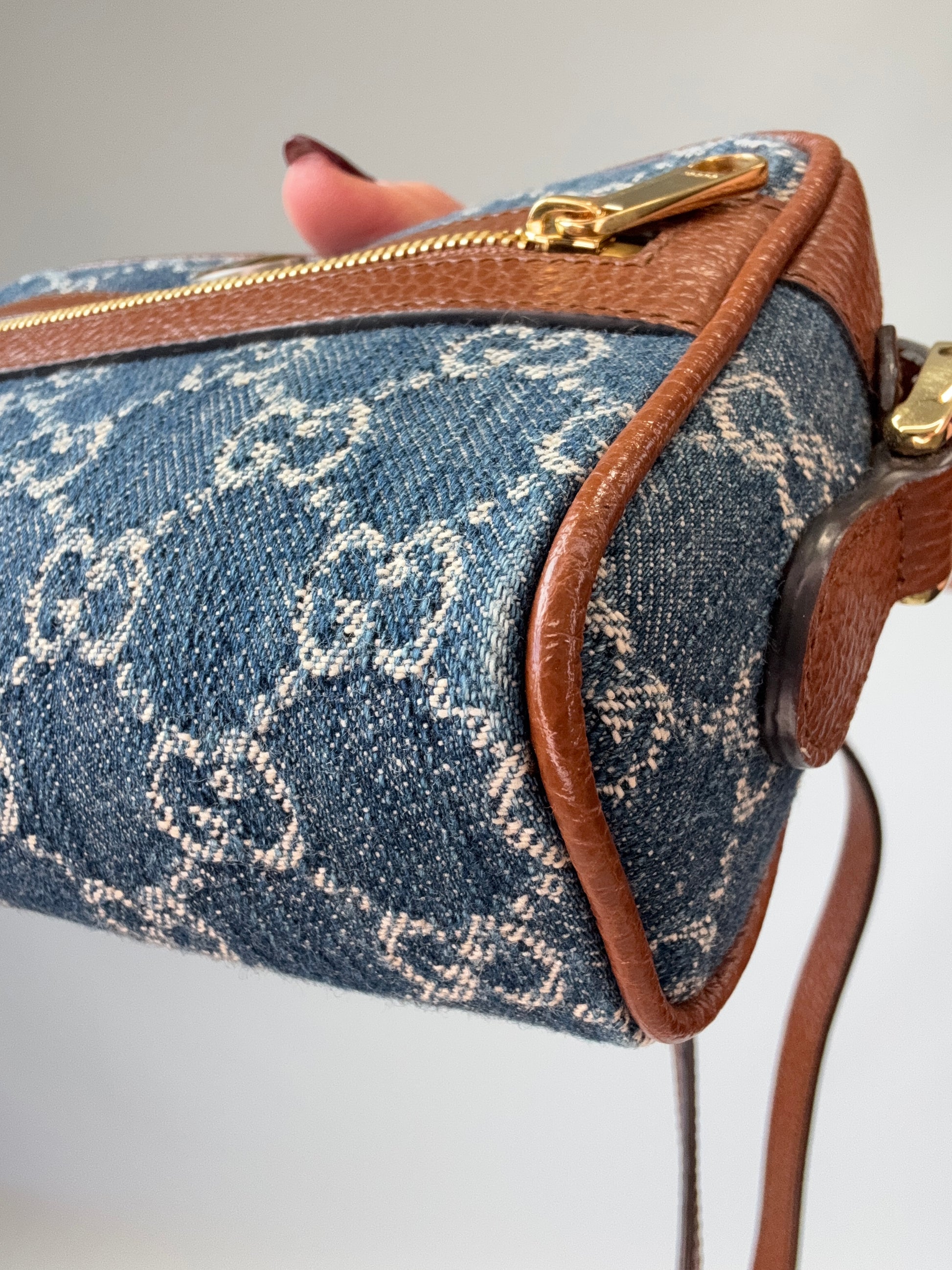 Gucci Denim Monogram Mini Crossbody front right bottom corner