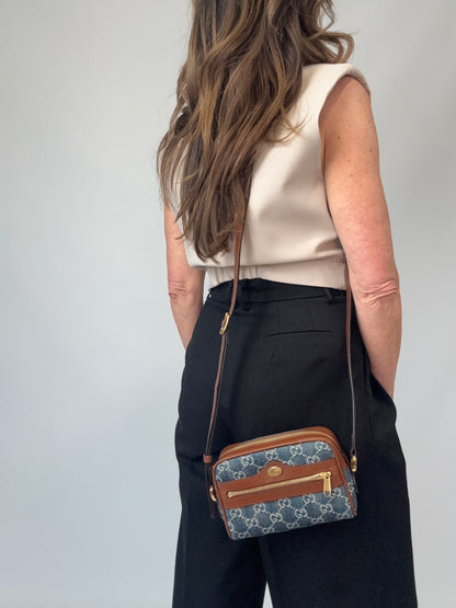 Gucci Denim Monogram Mini Crossbody modeled