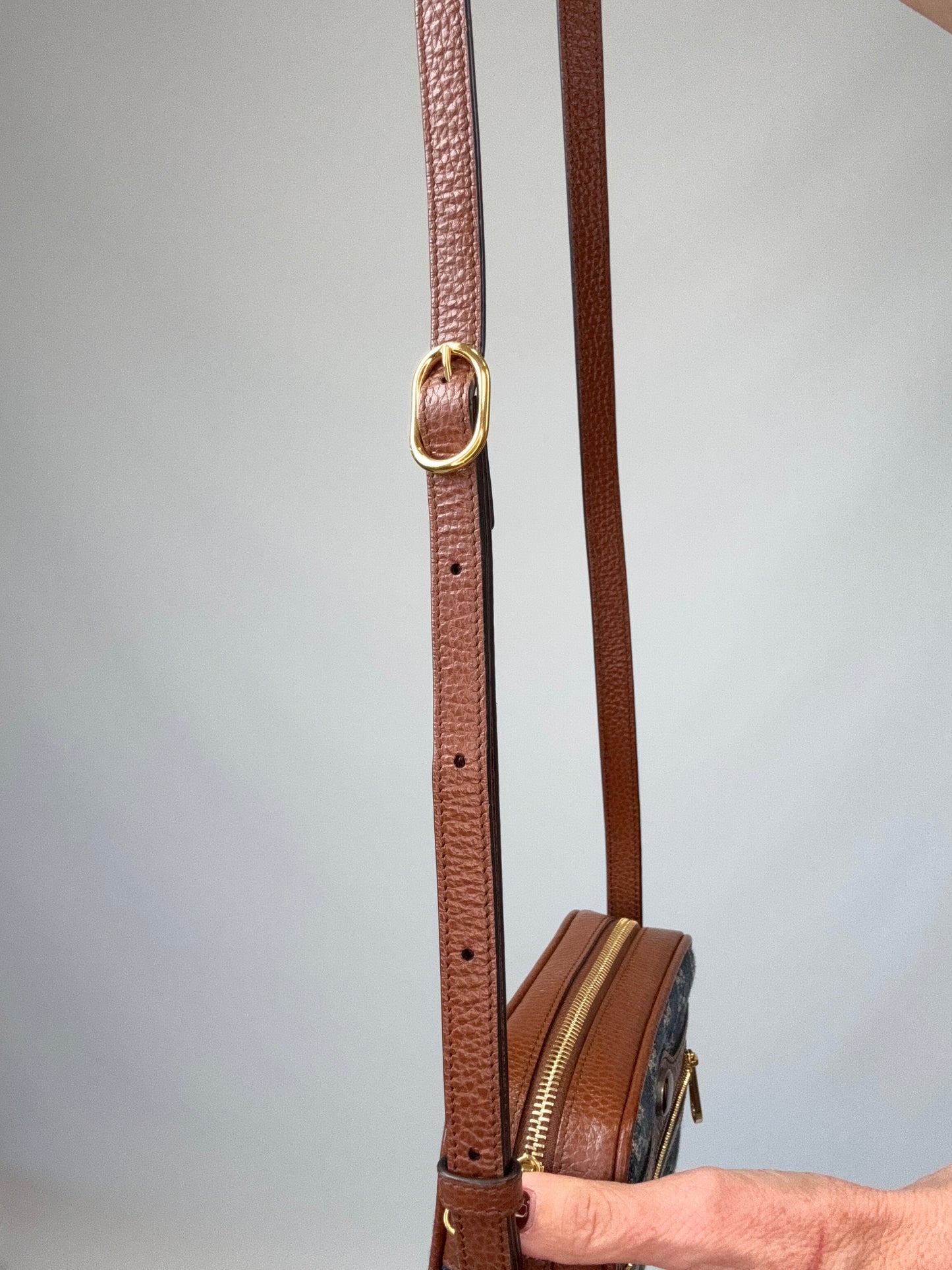 Gucci Denim Monogram Mini Crossbody leather strap with buckle