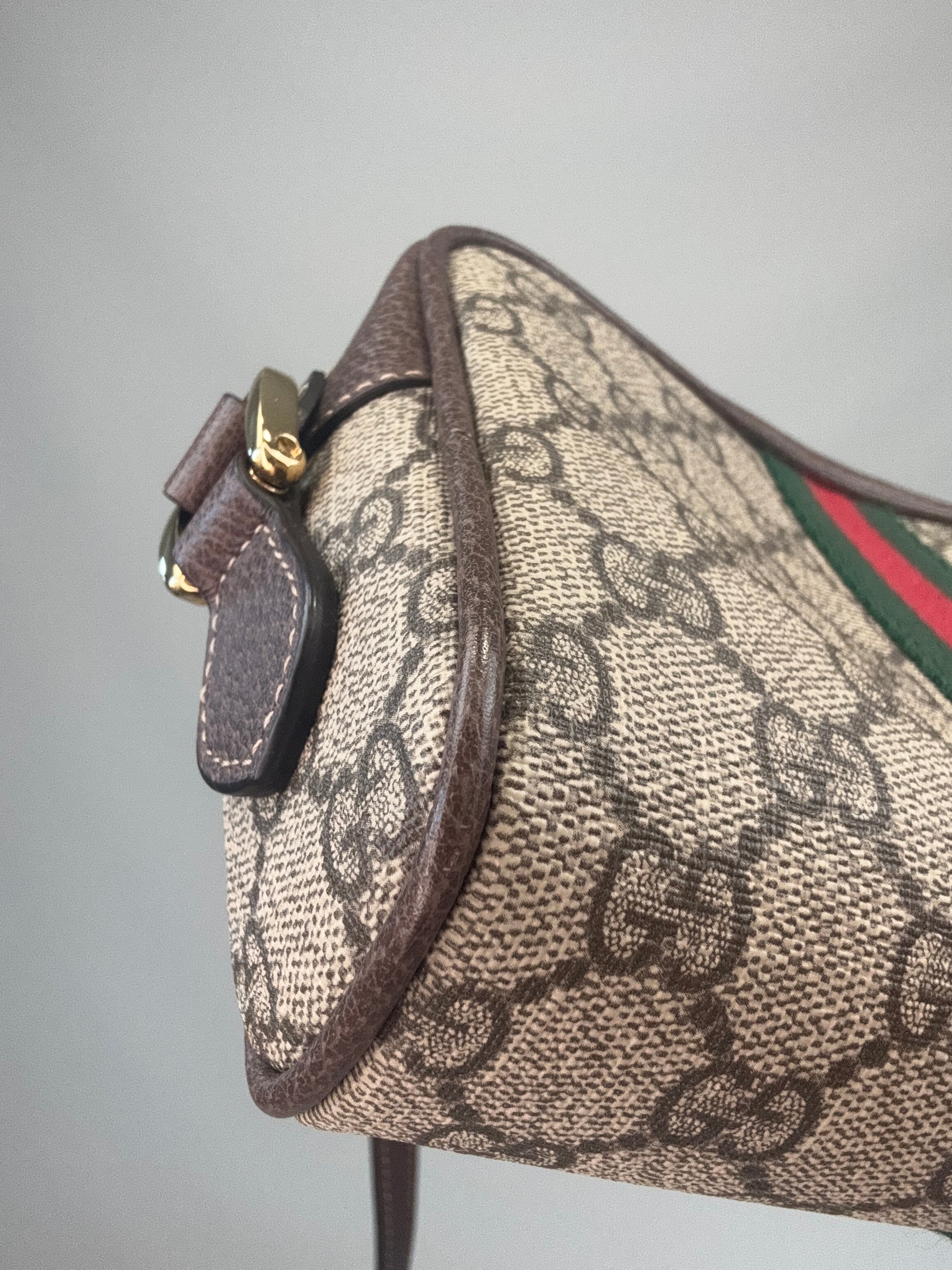 Gucci GG Supreme Monogram Web Mini Ophidia Shoulder Bag back left bottom corner