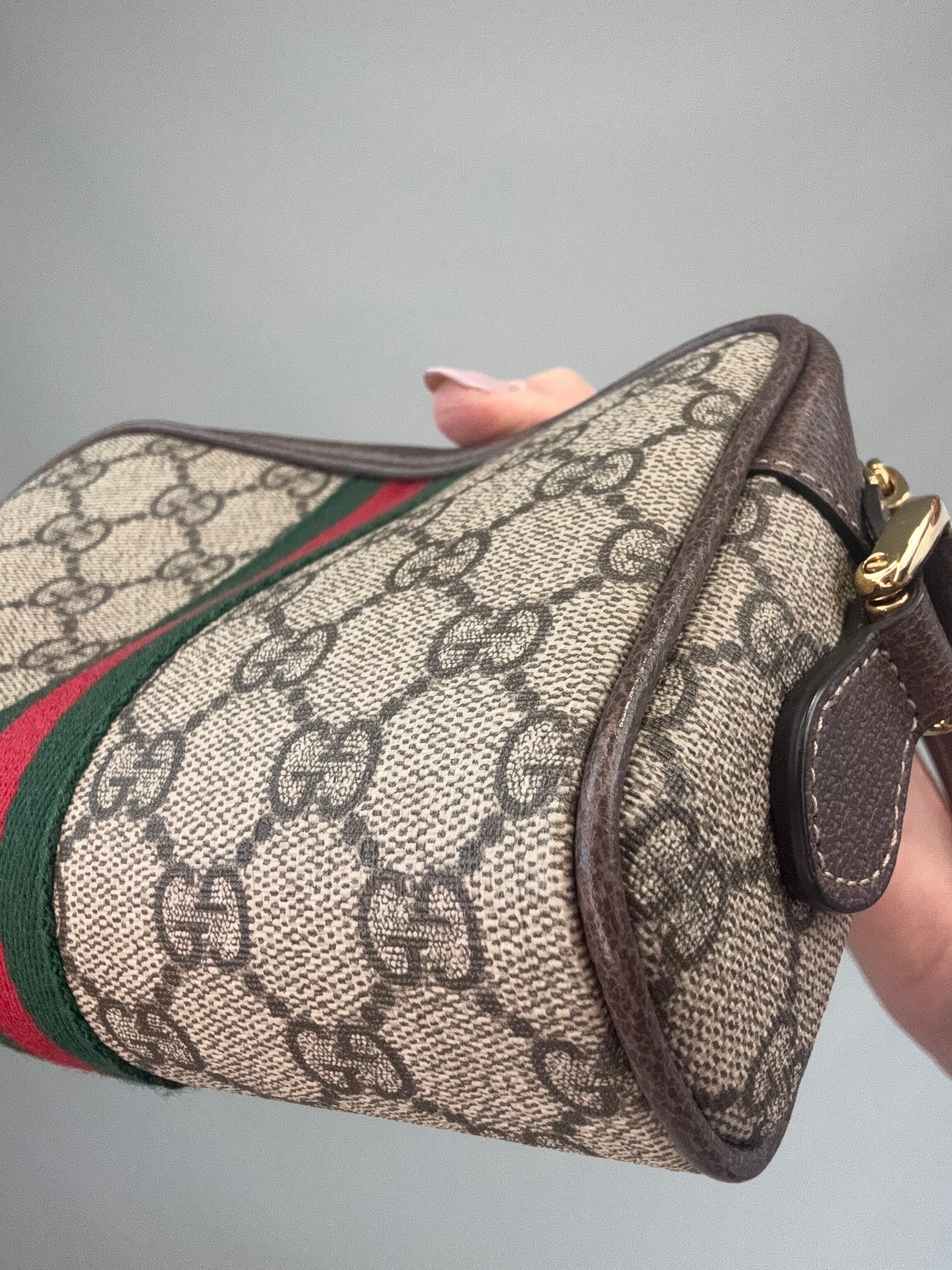 Gucci GG Supreme Monogram Web Mini Ophidia Shoulder Bag back right bottom corner