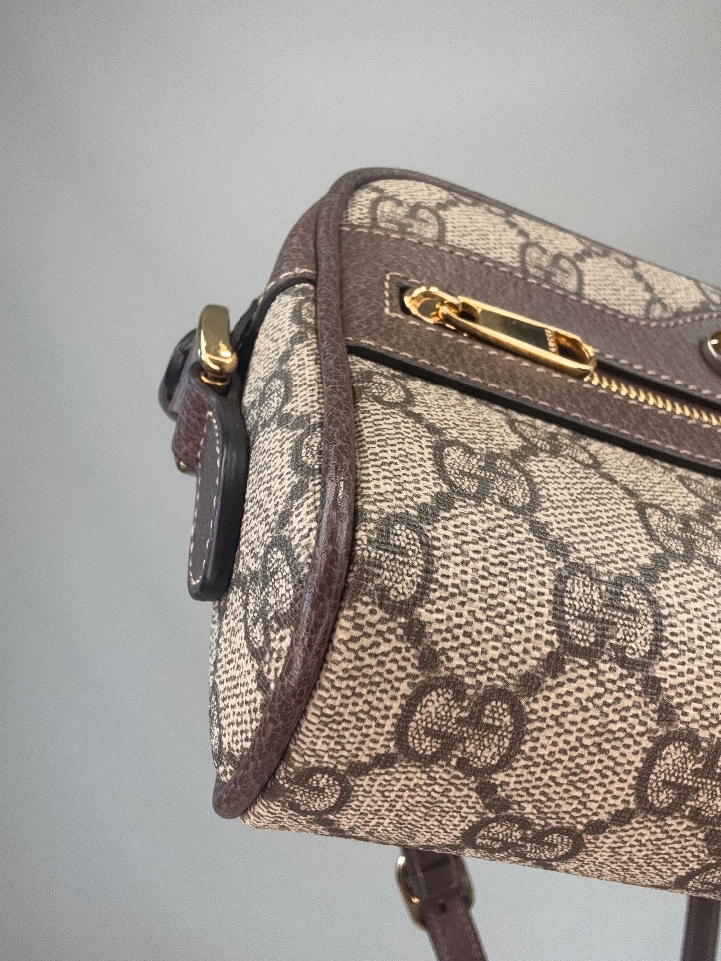 Gucci GG Supreme Monogram Web Mini Ophidia Shoulder Bag front left bottom corner