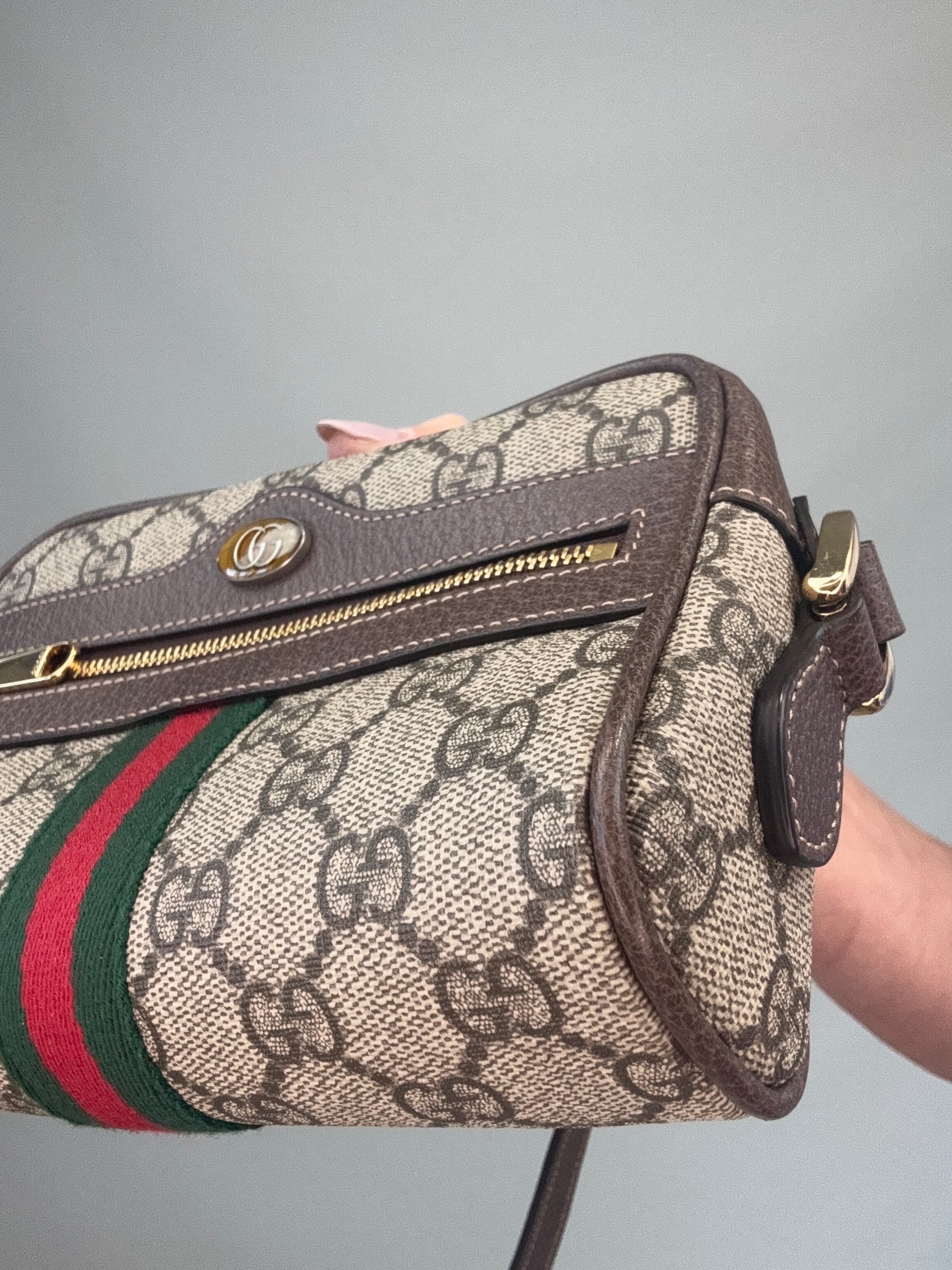 Gucci GG Supreme Monogram Web Mini Ophidia Shoulder Bag front right bottom corner