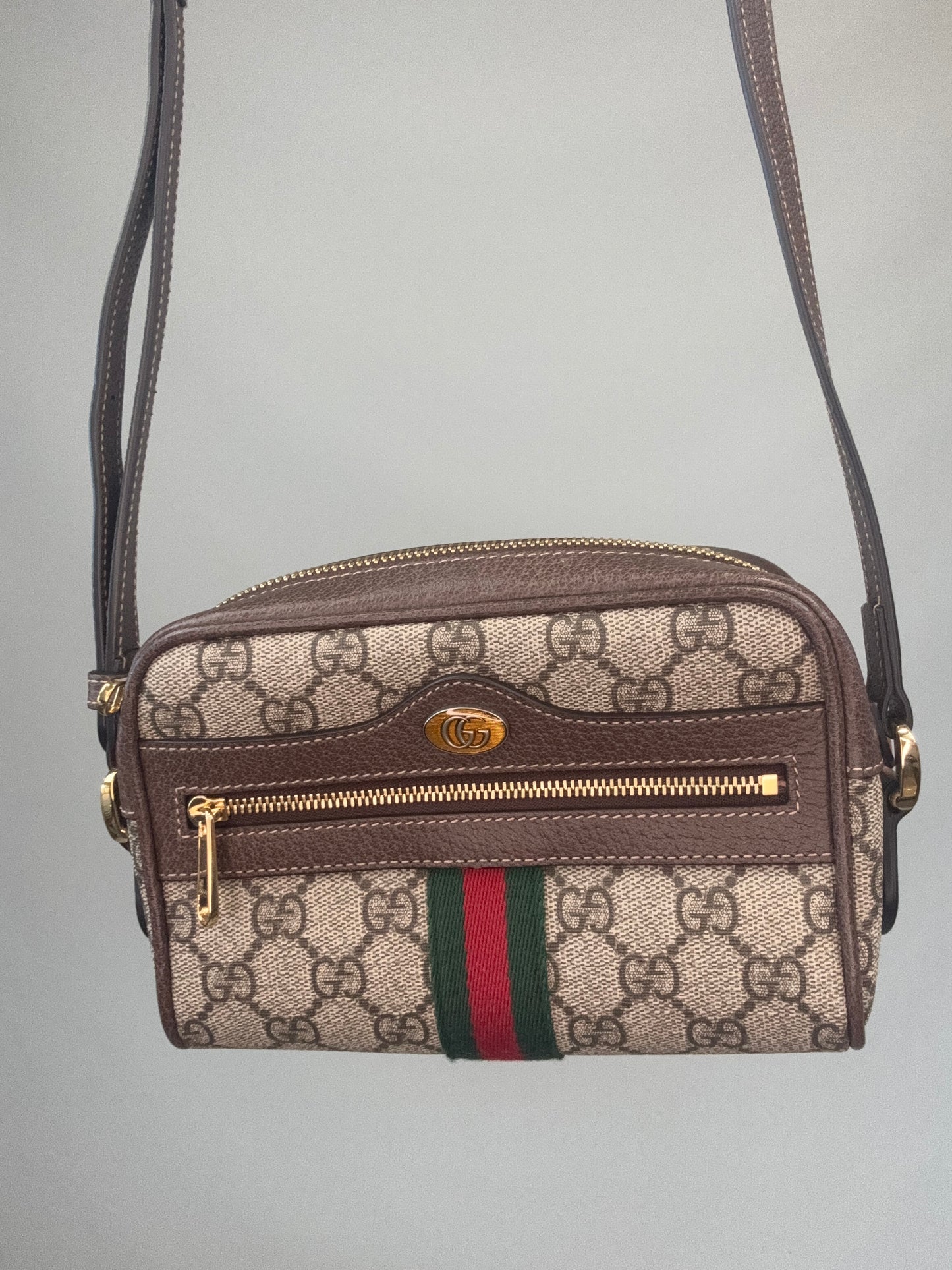 Gucci GG Supreme Monogram Web Mini Ophidia Shoulder Bag front of handbag