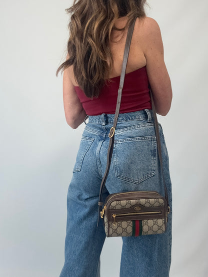 Gucci GG Supreme Monogram Web Mini Ophidia Shoulder Bag modeled 2