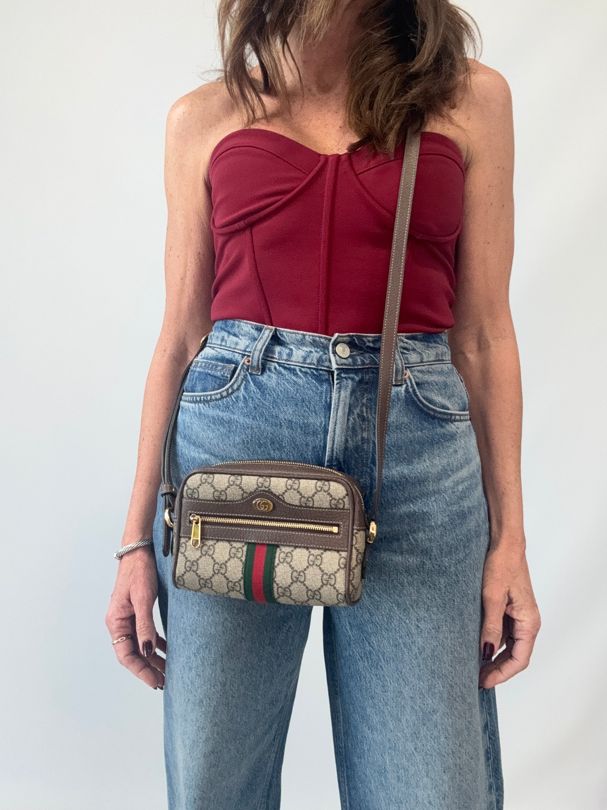 Gucci GG Supreme Monogram Web Mini Ophidia Shoulder Bag modeled