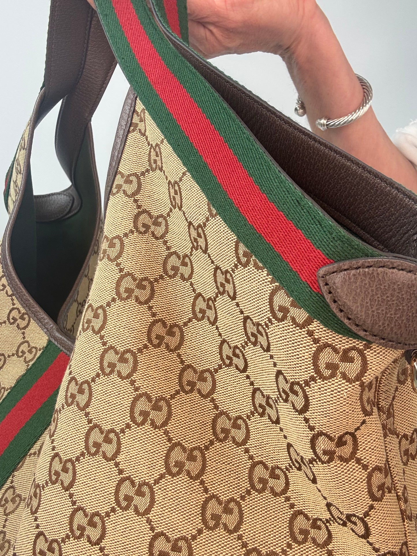 Gucci Giglio Large GG Canvas Tote Bag back right side web stripe