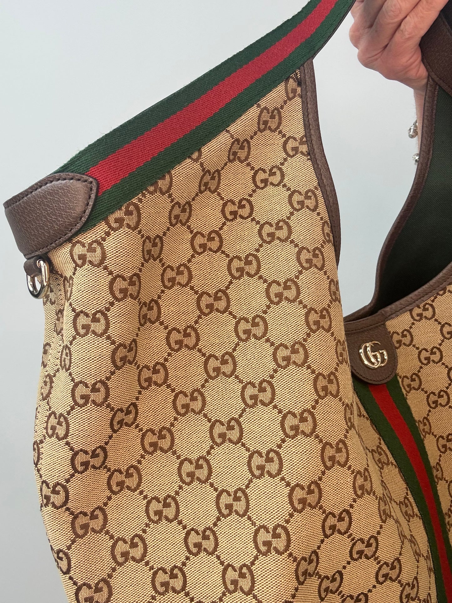 Gucci Giglio Large GG Canvas Tote Bag front left side web stripe