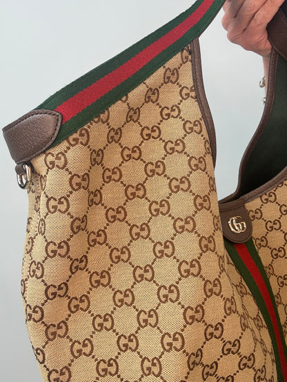 Gucci Giglio Large GG Canvas Tote Bag front left side web stripe