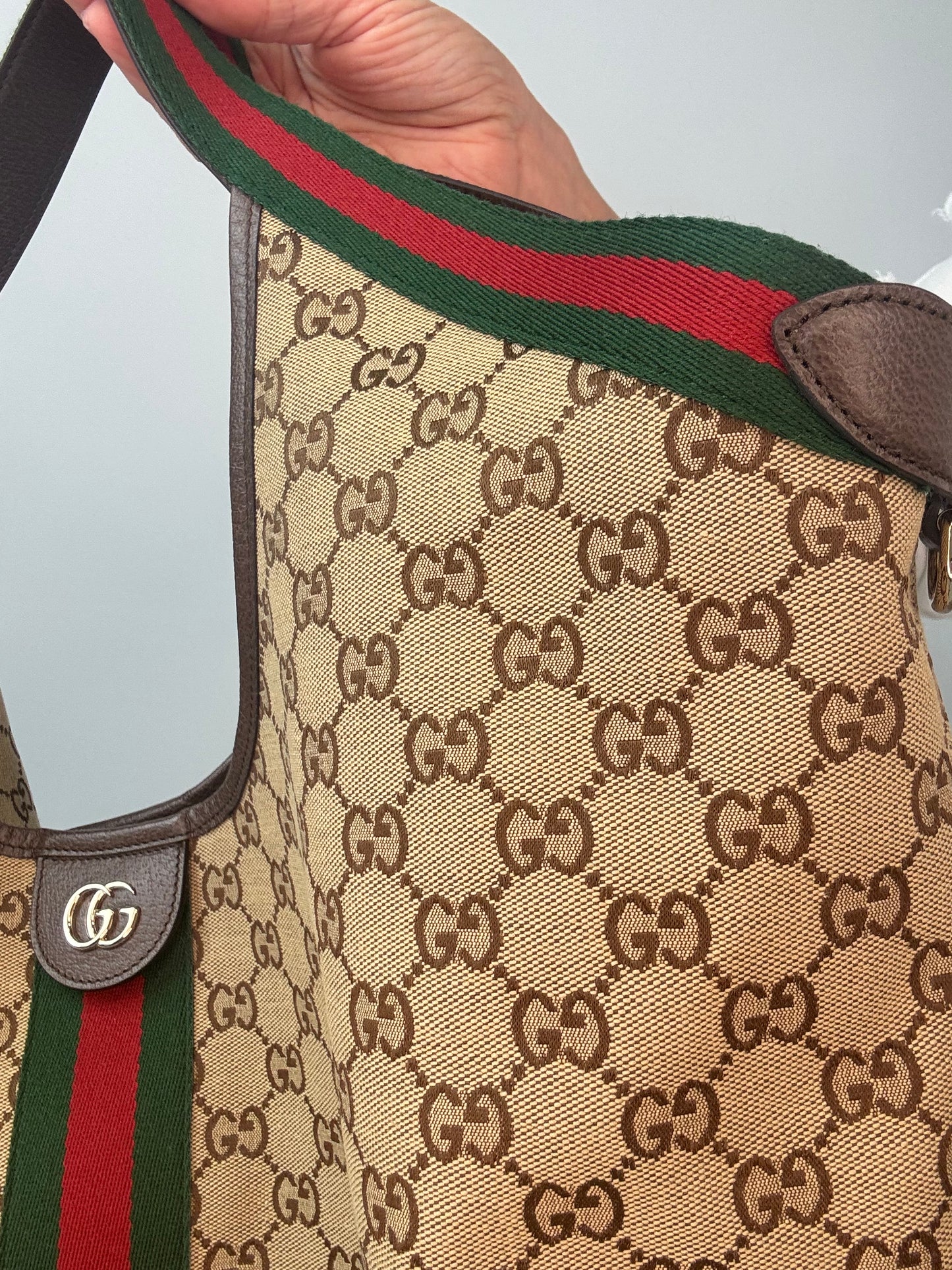 Gucci Giglio Large GG Canvas Tote Bag front right side web stripe