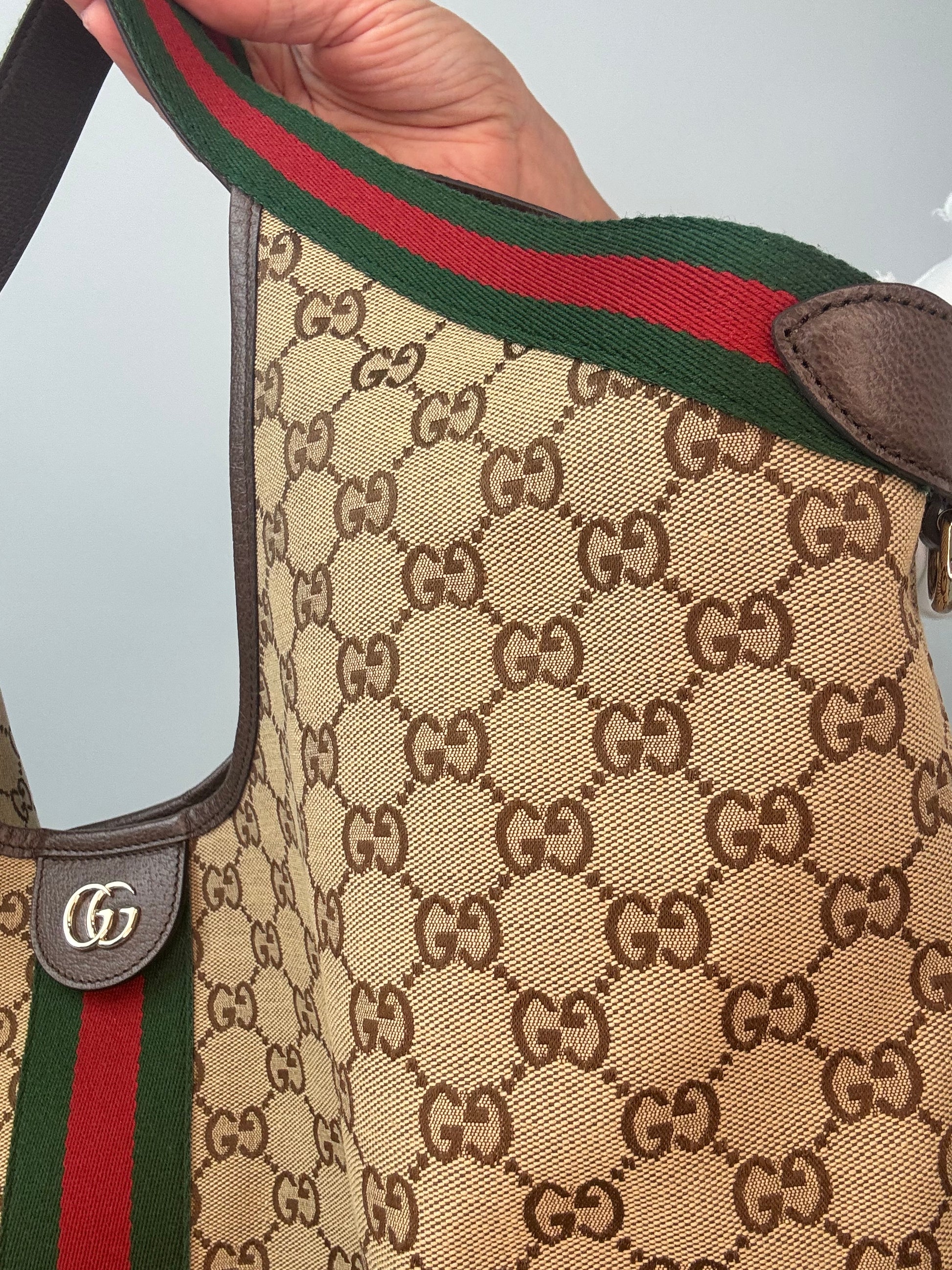 Gucci Giglio Large GG Canvas Tote Bag front right side web stripe