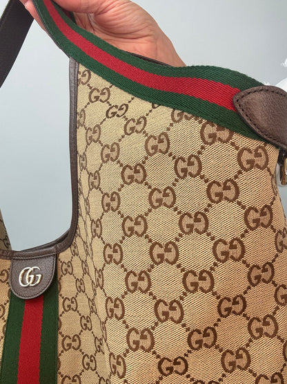 Gucci Giglio Large GG Canvas Tote Bag front right side web stripe