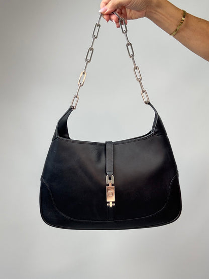 Gucci Jackie Black Leather Chain Shoulder Bag front of bag