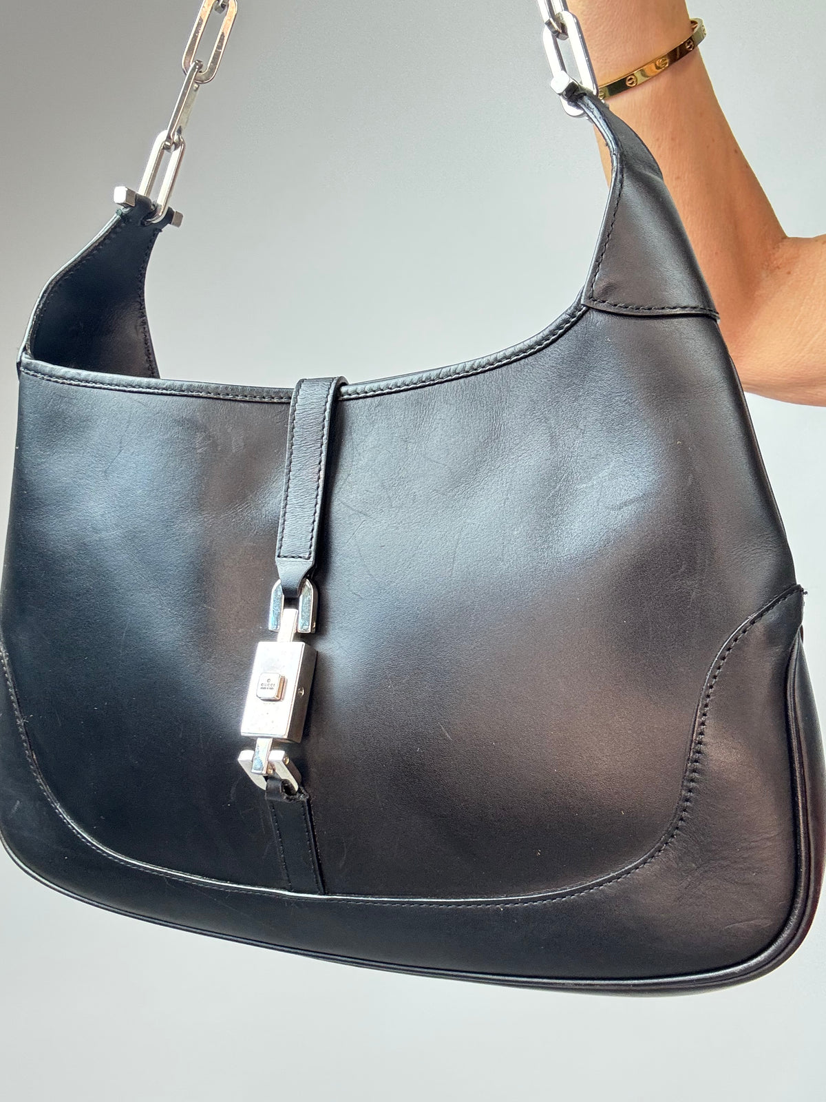 Gucci Jackie Black Leather Chain Shoulder Bag front right side view
