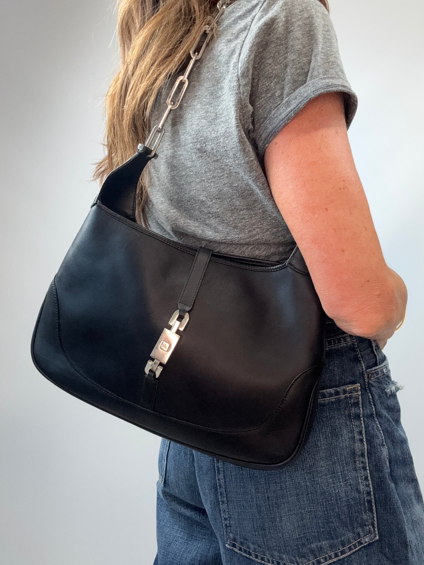 Gucci Jackie Black Leather Chain Shoulder Bag modeled