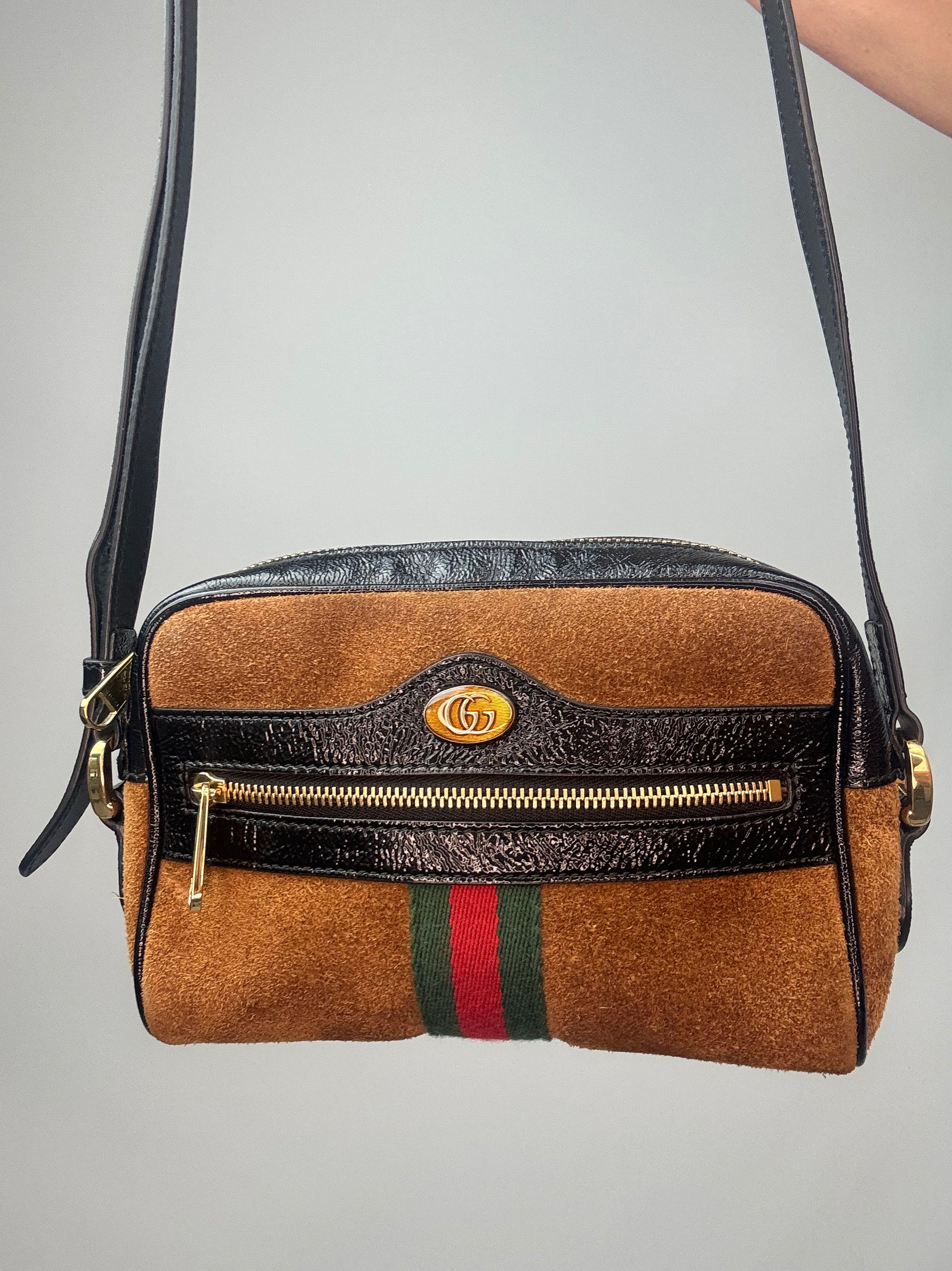 Gucci Mini Suede Ophidia Crossbody Bag front of bag