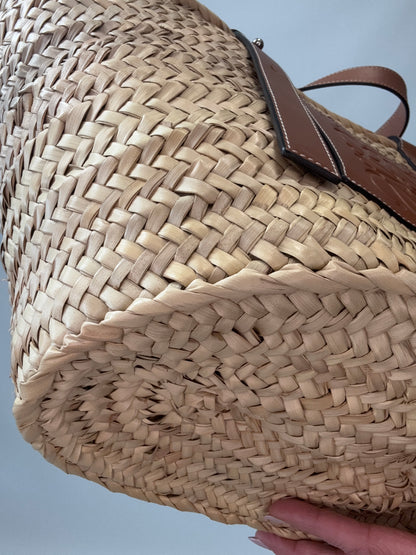Loewe Basket In Palm Leaf and Leather Skin Tote Bag front left bottom corner