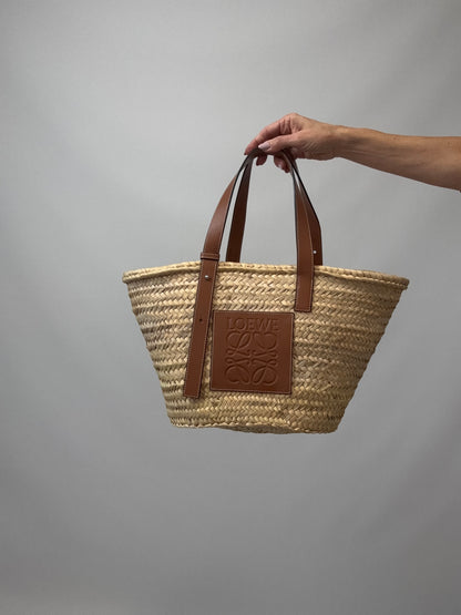 Loewe Basket In Palm Leaf and Leather Skin Tote Bag