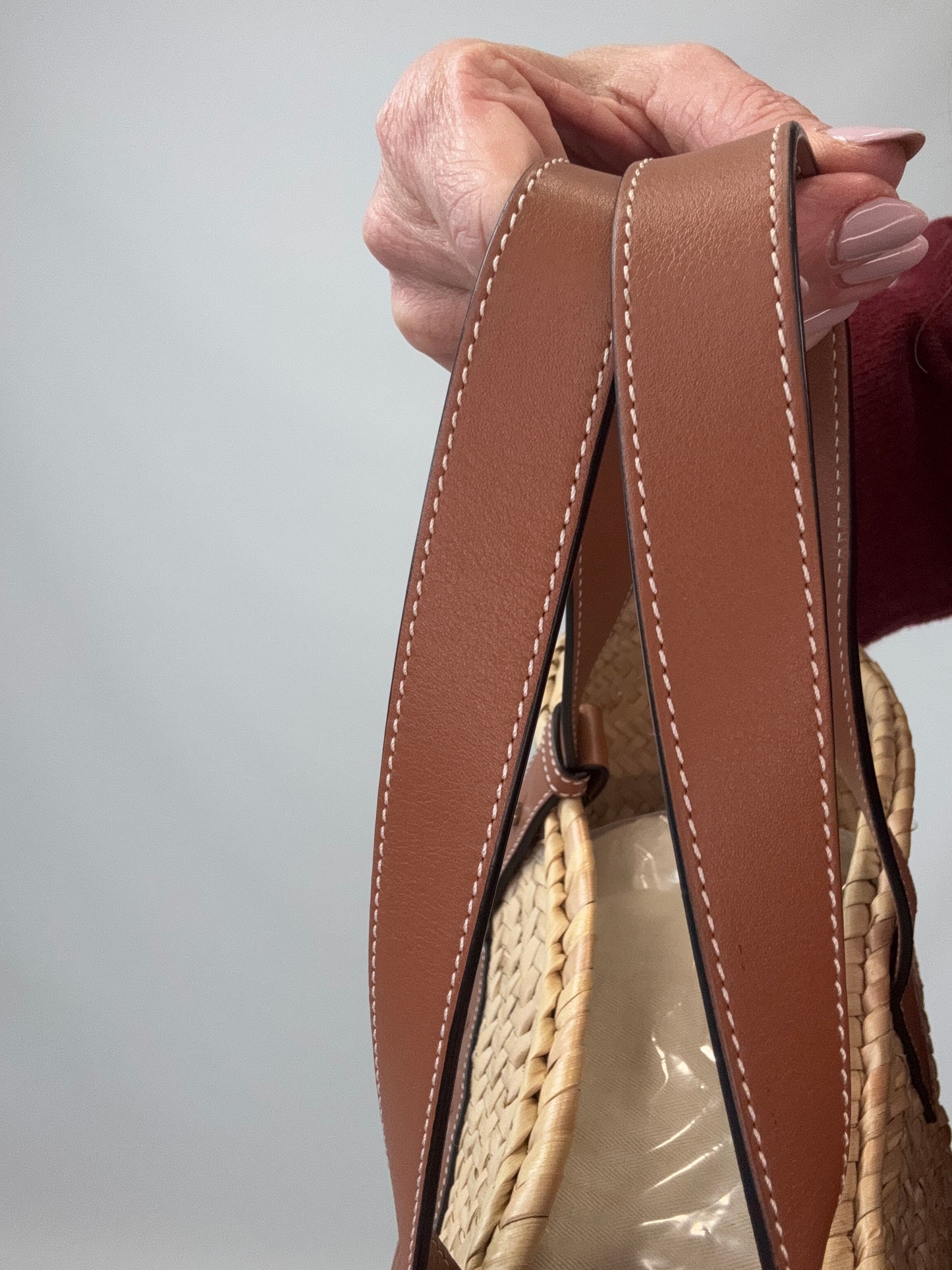 Loewe Basket In Palm Leaf and Leather Skin Tote Bag top handles above