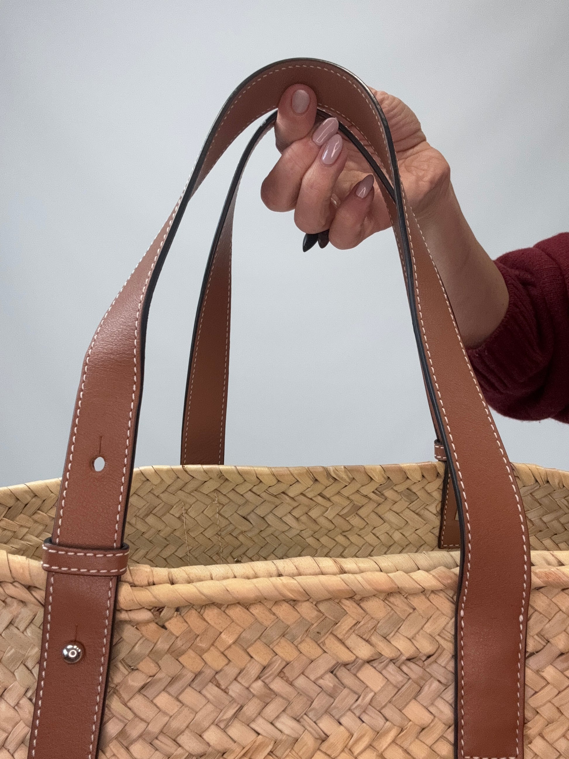 Loewe Basket In Palm Leaf and Leather Skin Tote Bag top handles back