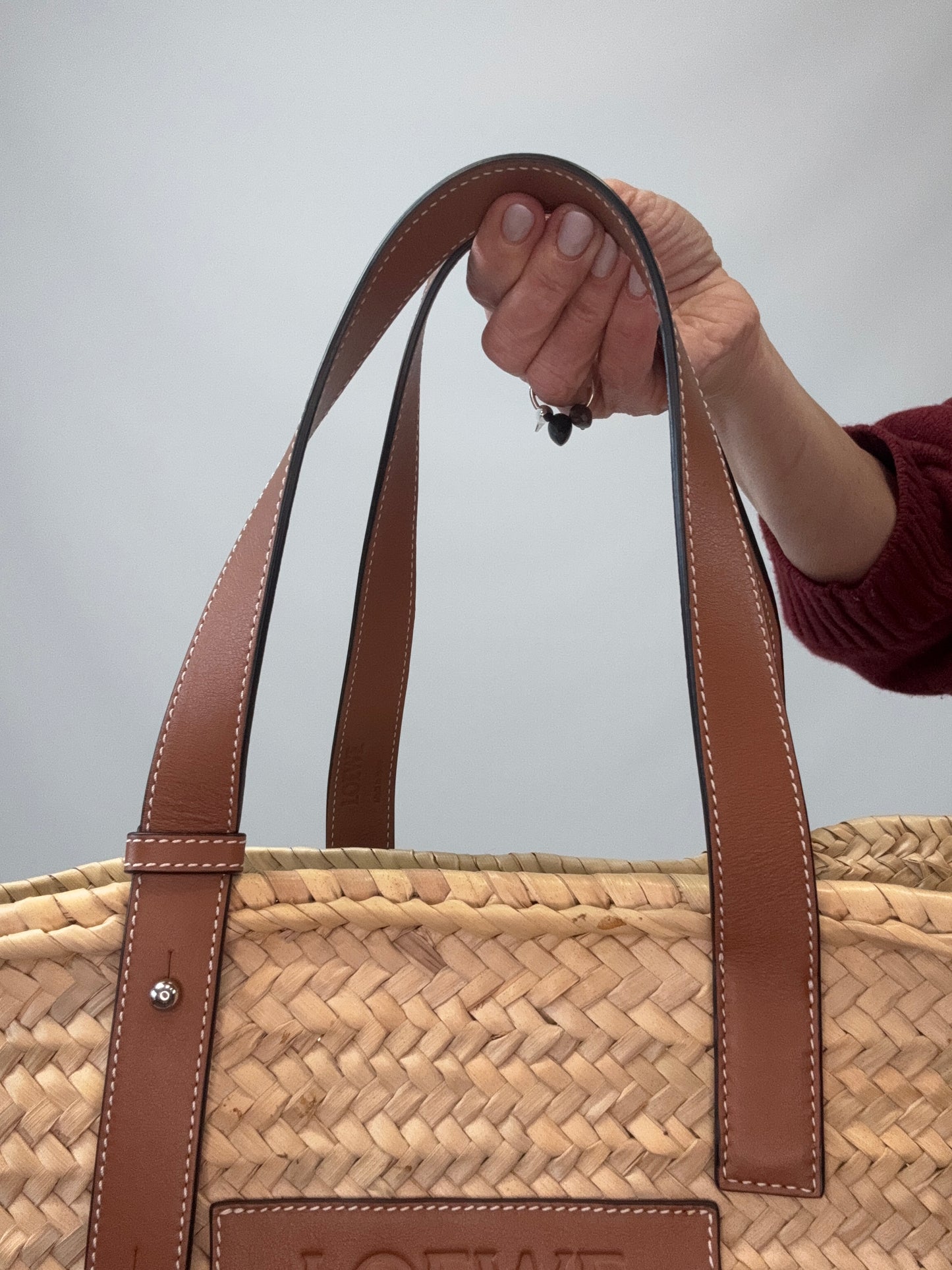 Loewe Basket In Palm Leaf and Leather Skin Tote Bag top handles front