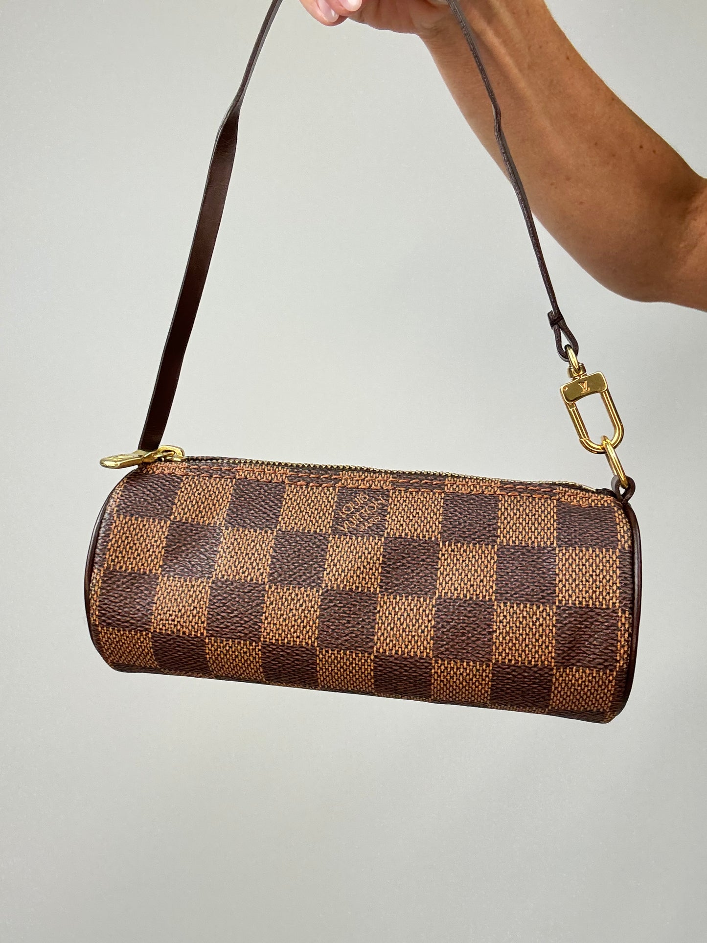 Louis Vuitton Damier Ebene Papillion 30 Handbag & Pochette Set front of pochette