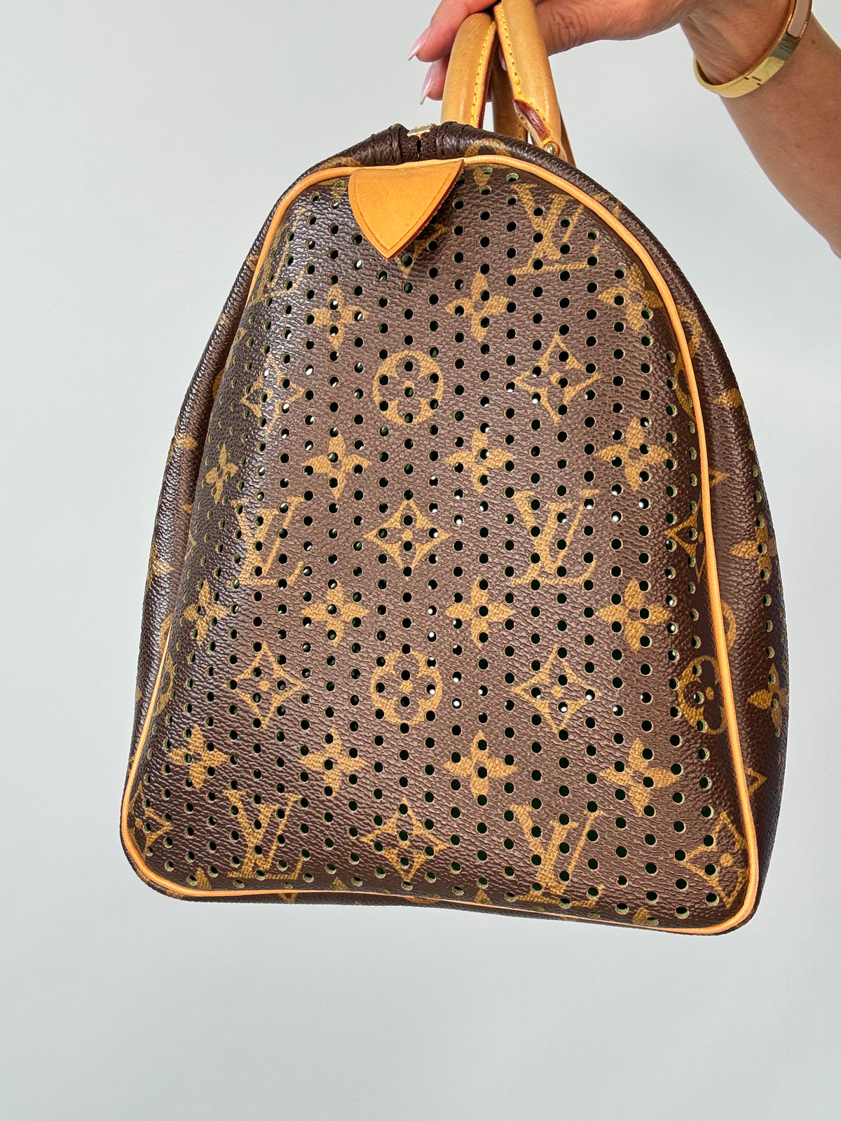Louis Vuitton Limited Edition Green Perforated Monogram Canvas Speedy 30 left side