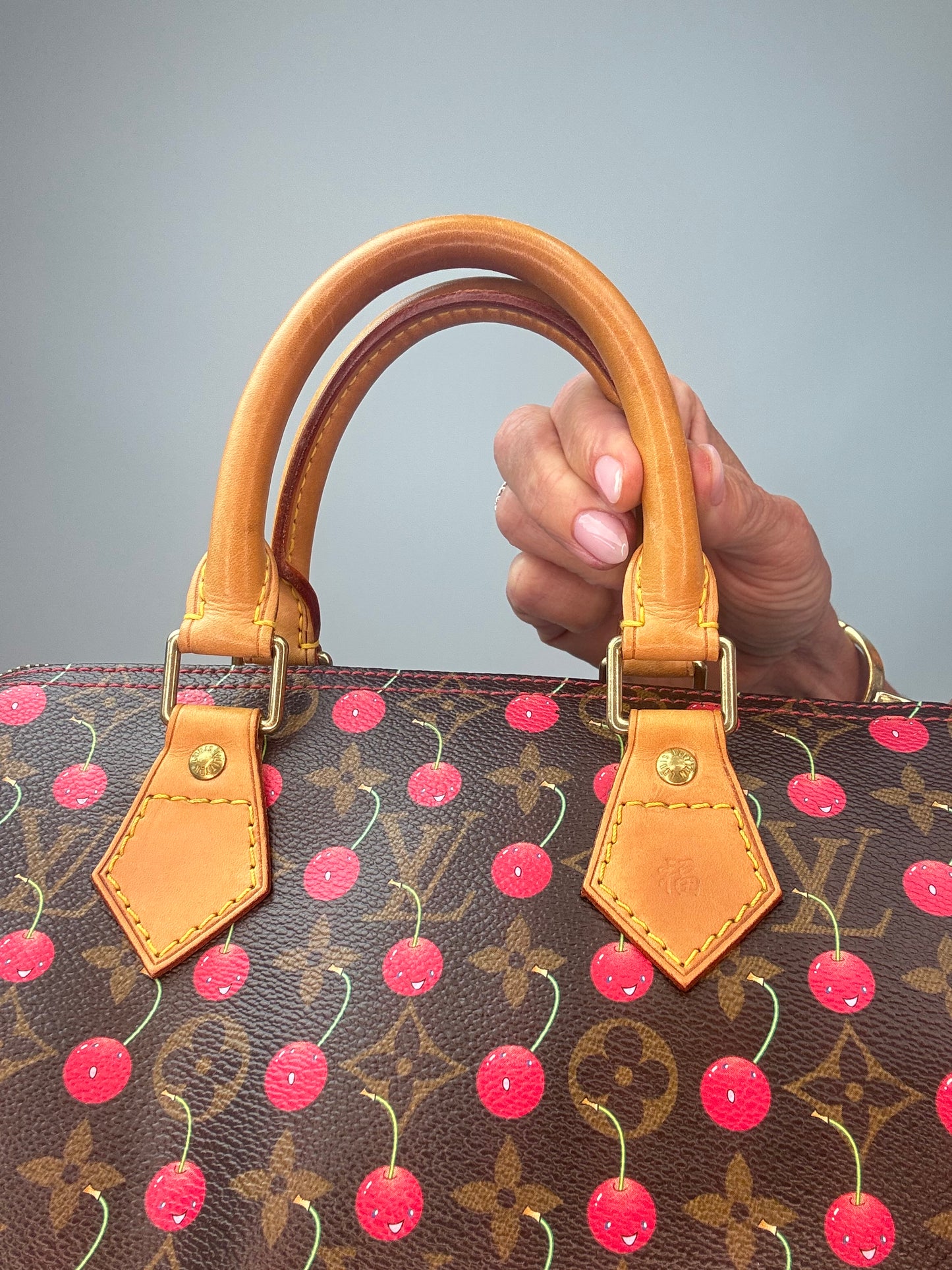Louis Vuitton Takashi Murakami Monogram Cerises Speedy 25 front of top handles