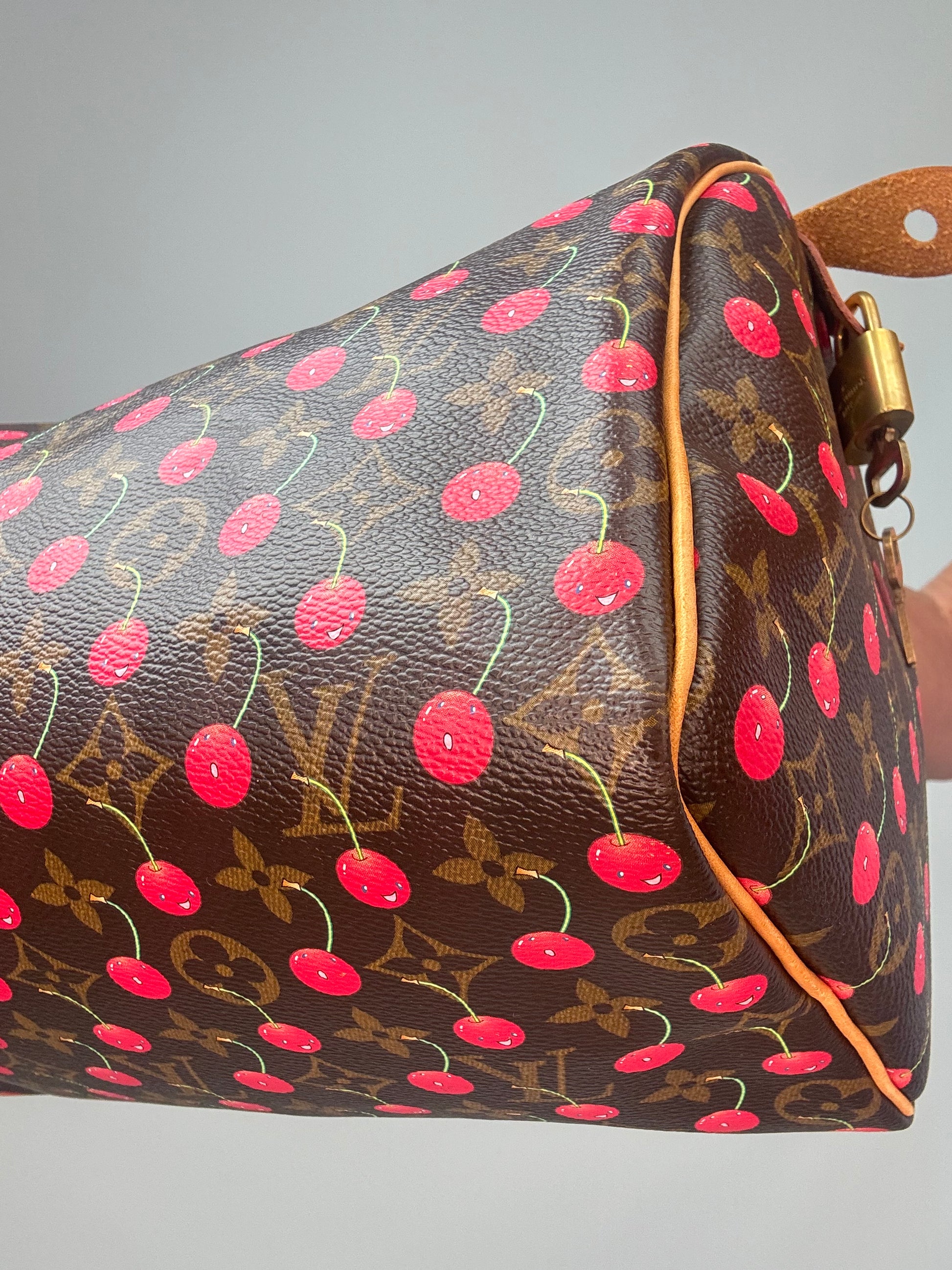 Louis Vuitton Takashi Murakami Monogram Cerises Speedy 25 front right bottom corner
