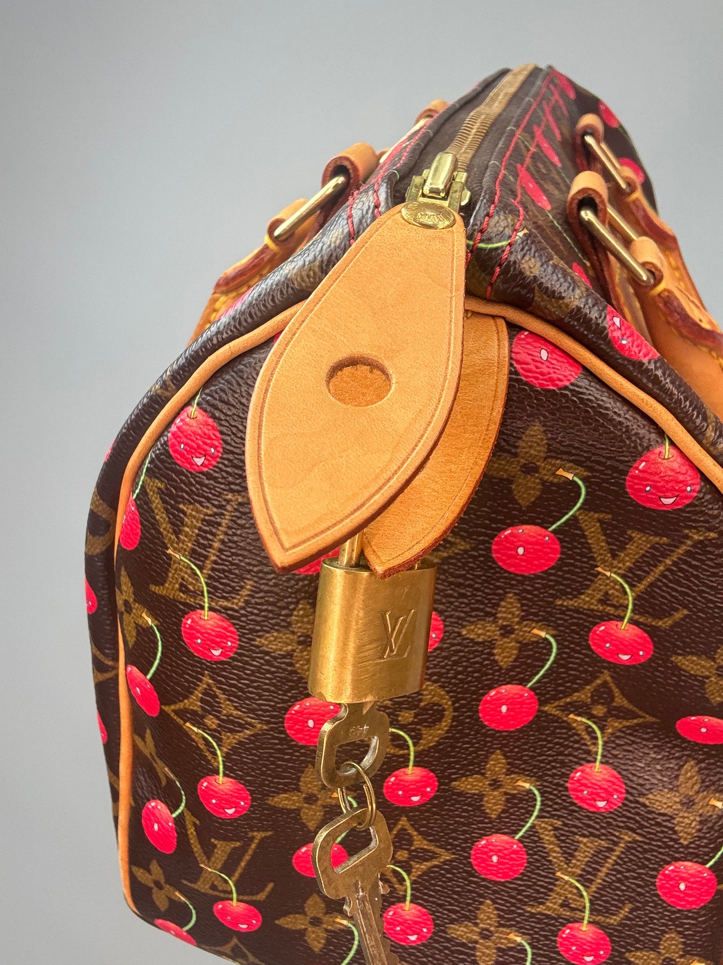 Louis Vuitton Takashi Murakami Monogram Cerises Speedy 25 leather zip pull tab and lock