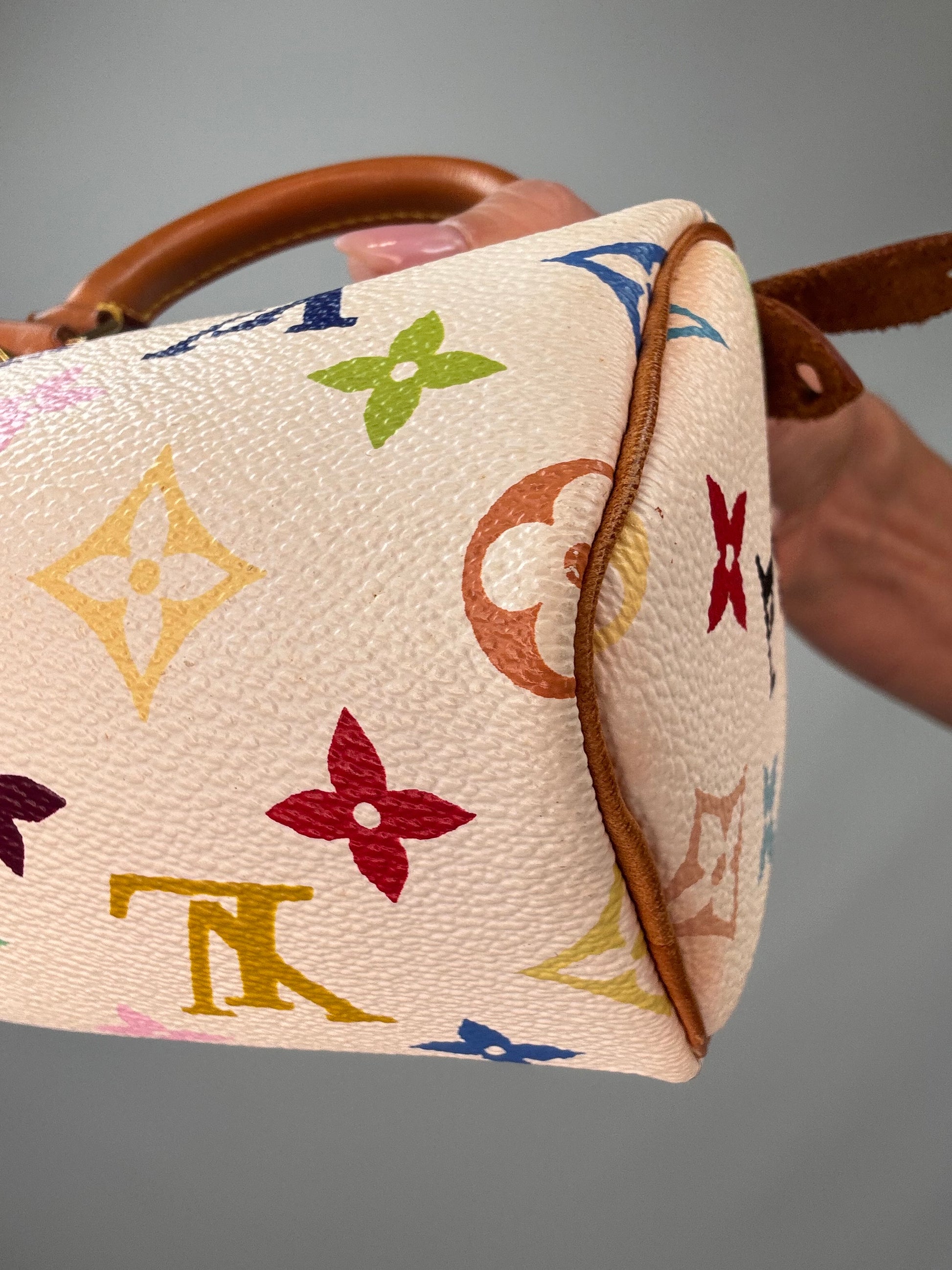 Louis Vuitton Takashi Murakami White Multicolore Nano Speedy back right bottom corner