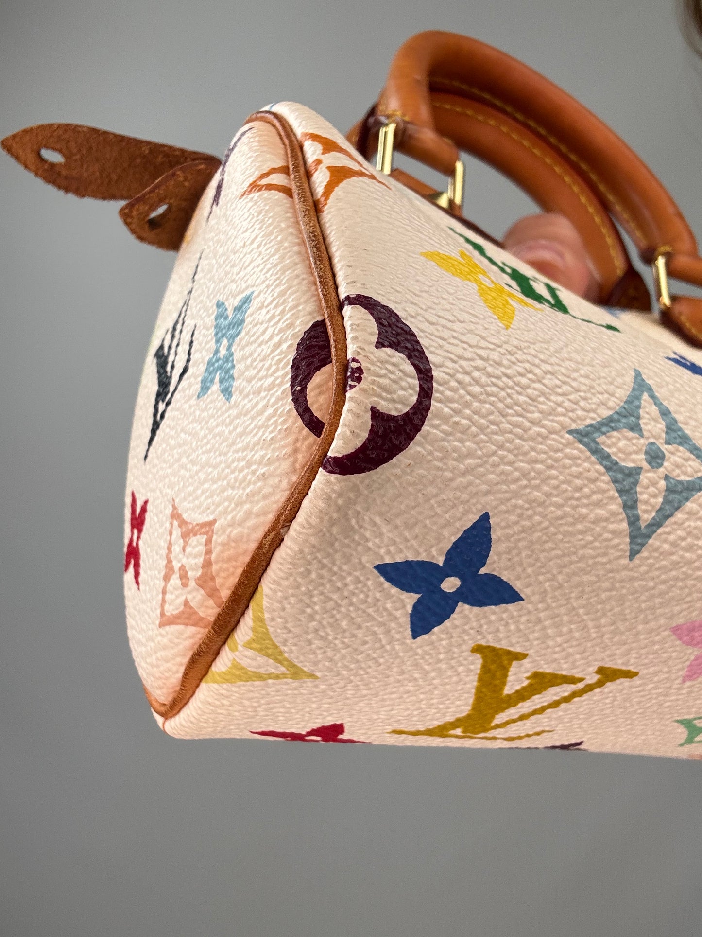 Louis Vuitton Takashi Murakami White Multicolore Nano Speedy front left bottom corner
